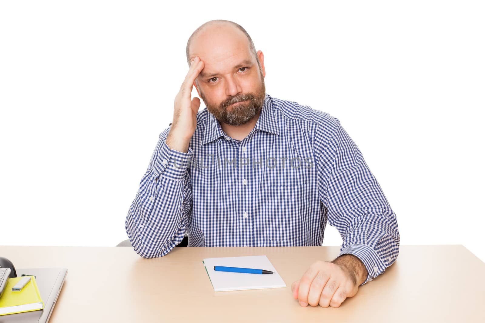 A clueless man with a beard isolated on white background