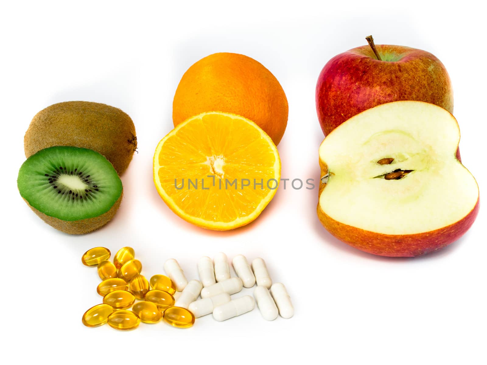 Various vitamin-rich fruits and vitamin tablets