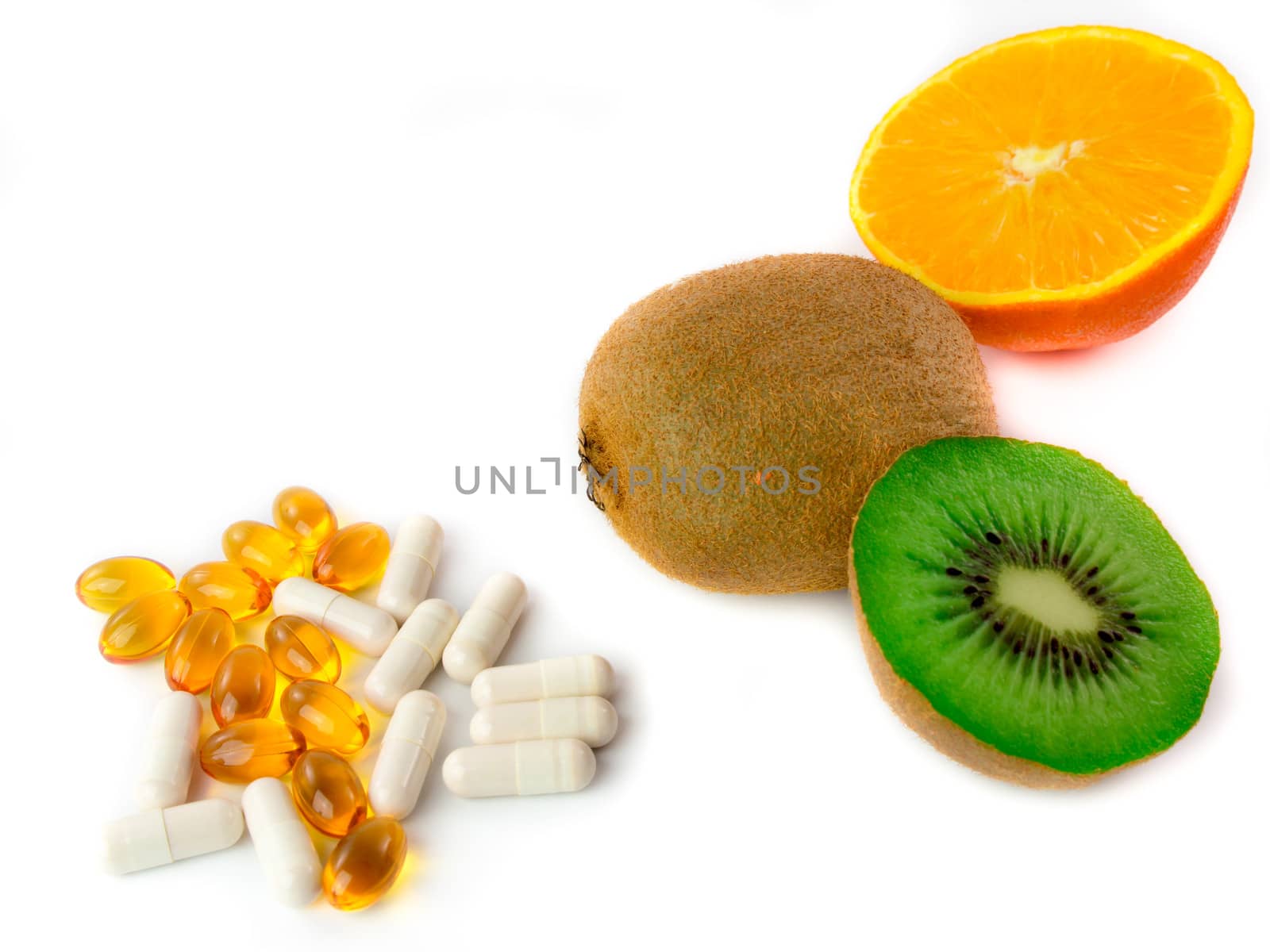 Various vitamin-rich fruits and vitamin tablets
