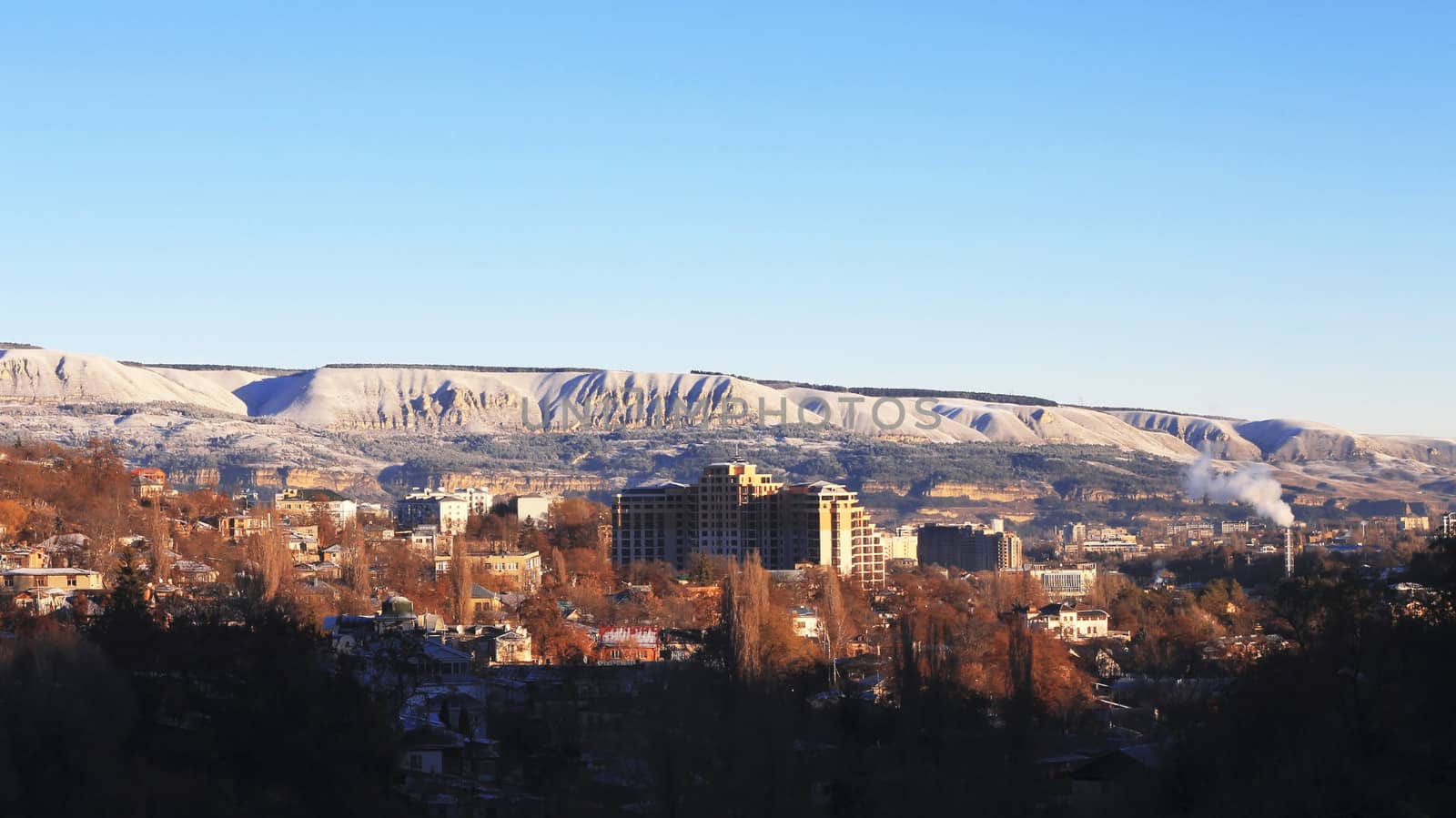 Blue winter sky and caucasus wood on the sunrise