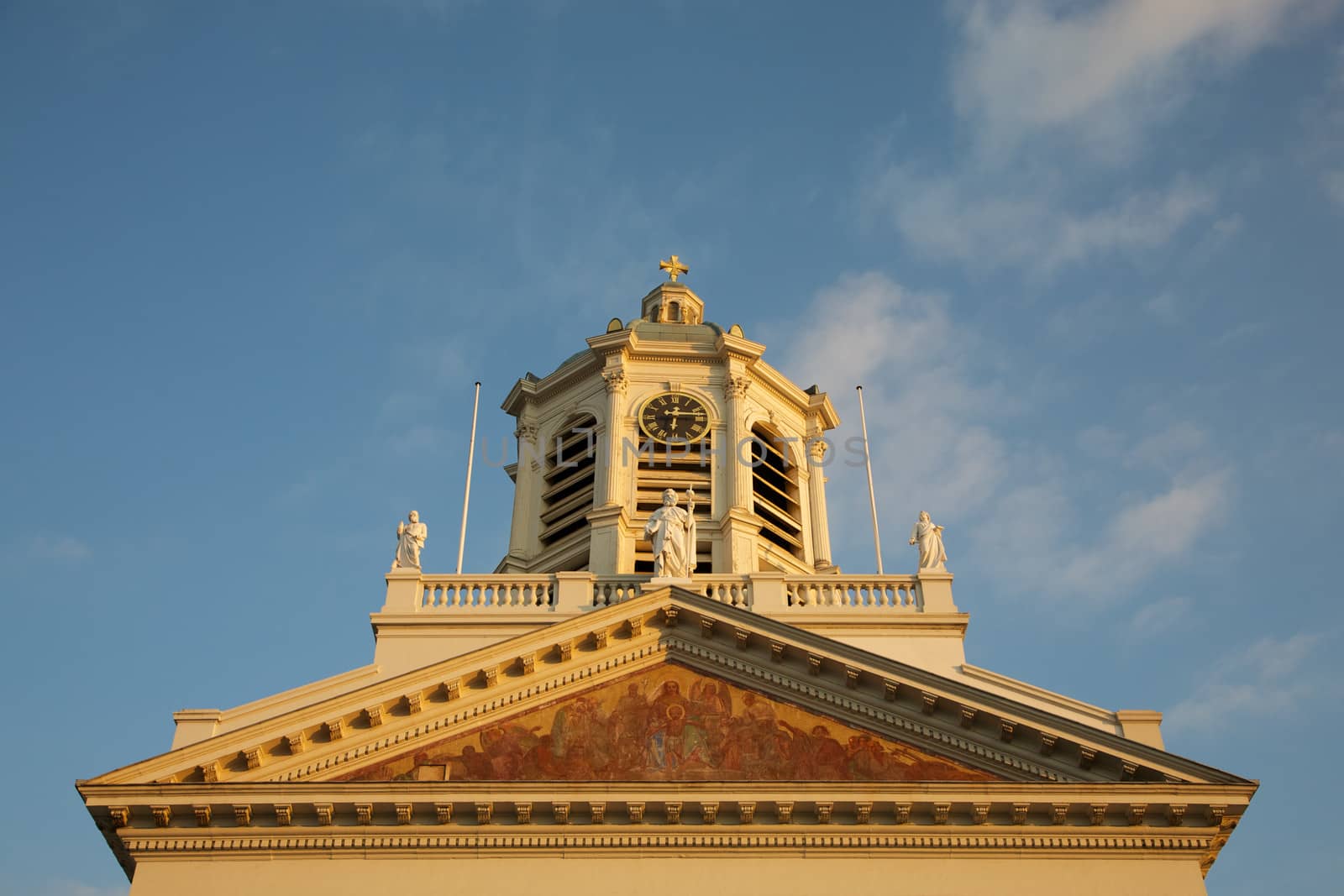 Detail of an historical building on Place Royale in Brussels with blue sky in the background