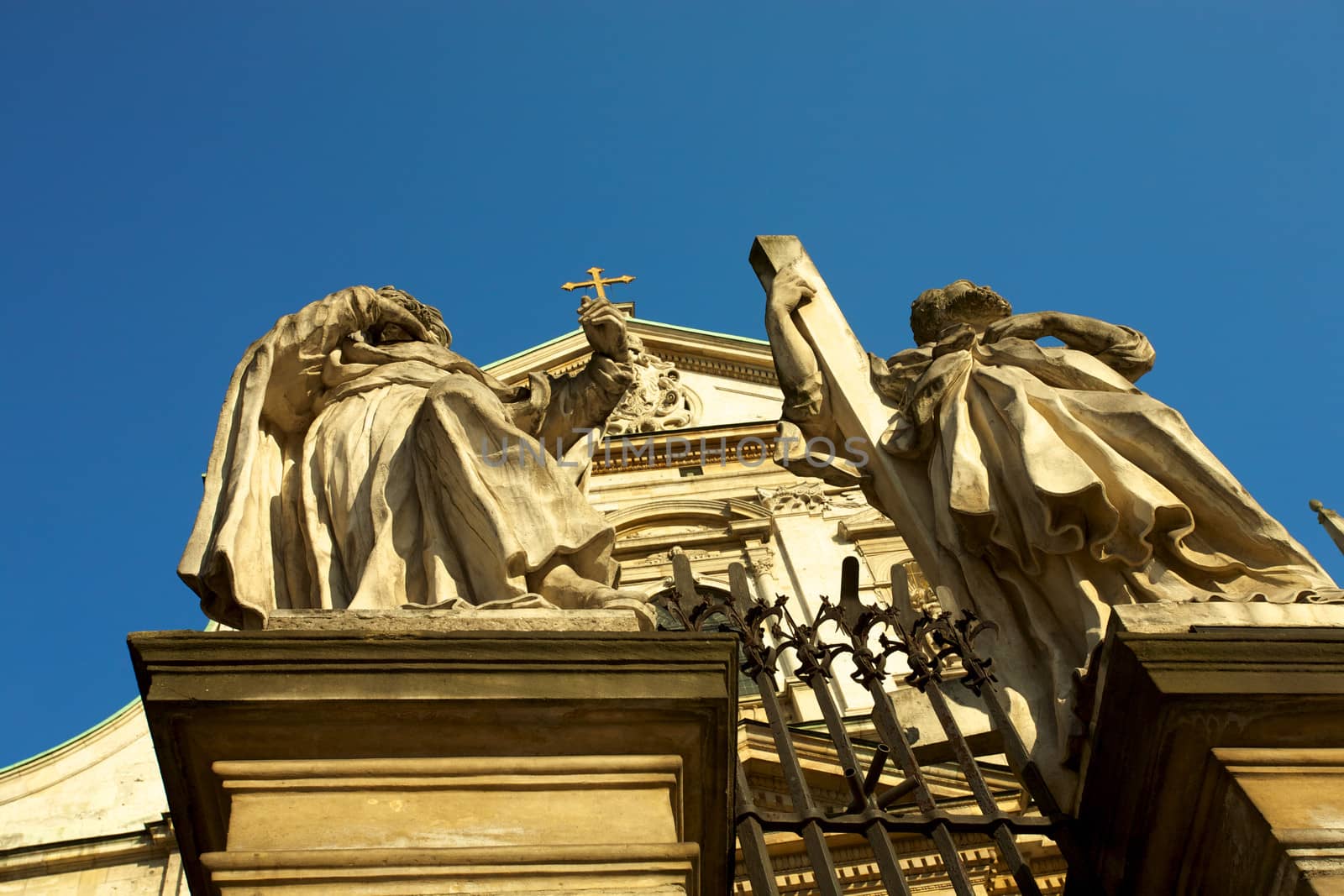 Church in Krakow Old town disctrict with clear and blue sky