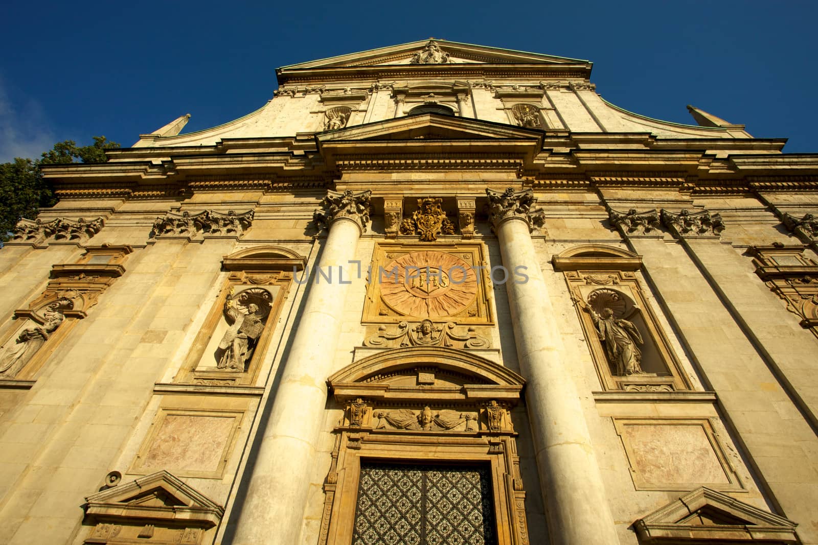 Church in Krakow Old town disctrict with clear and blue sky