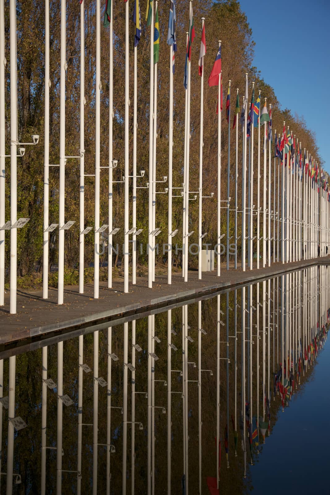 Flags from all over the world in front of a pool at the Lisbon Expo 98 site in Lisbon, Portugal