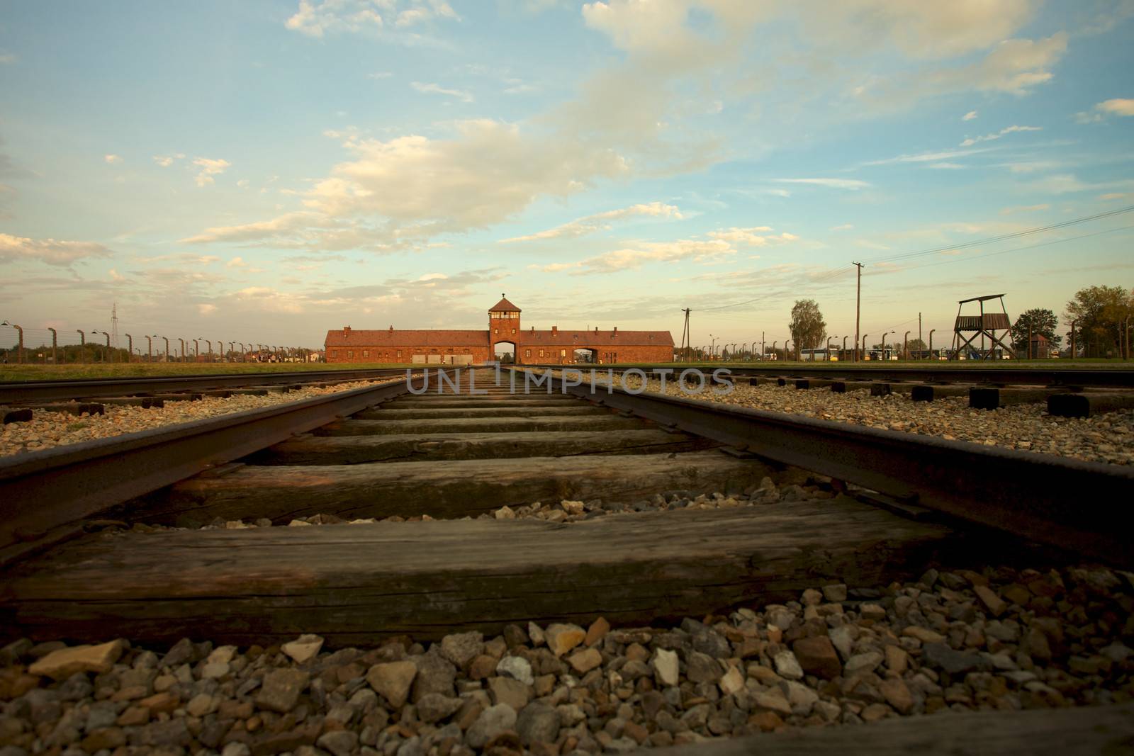 Train track arriving in Auschwitz Birkenau concentration camp