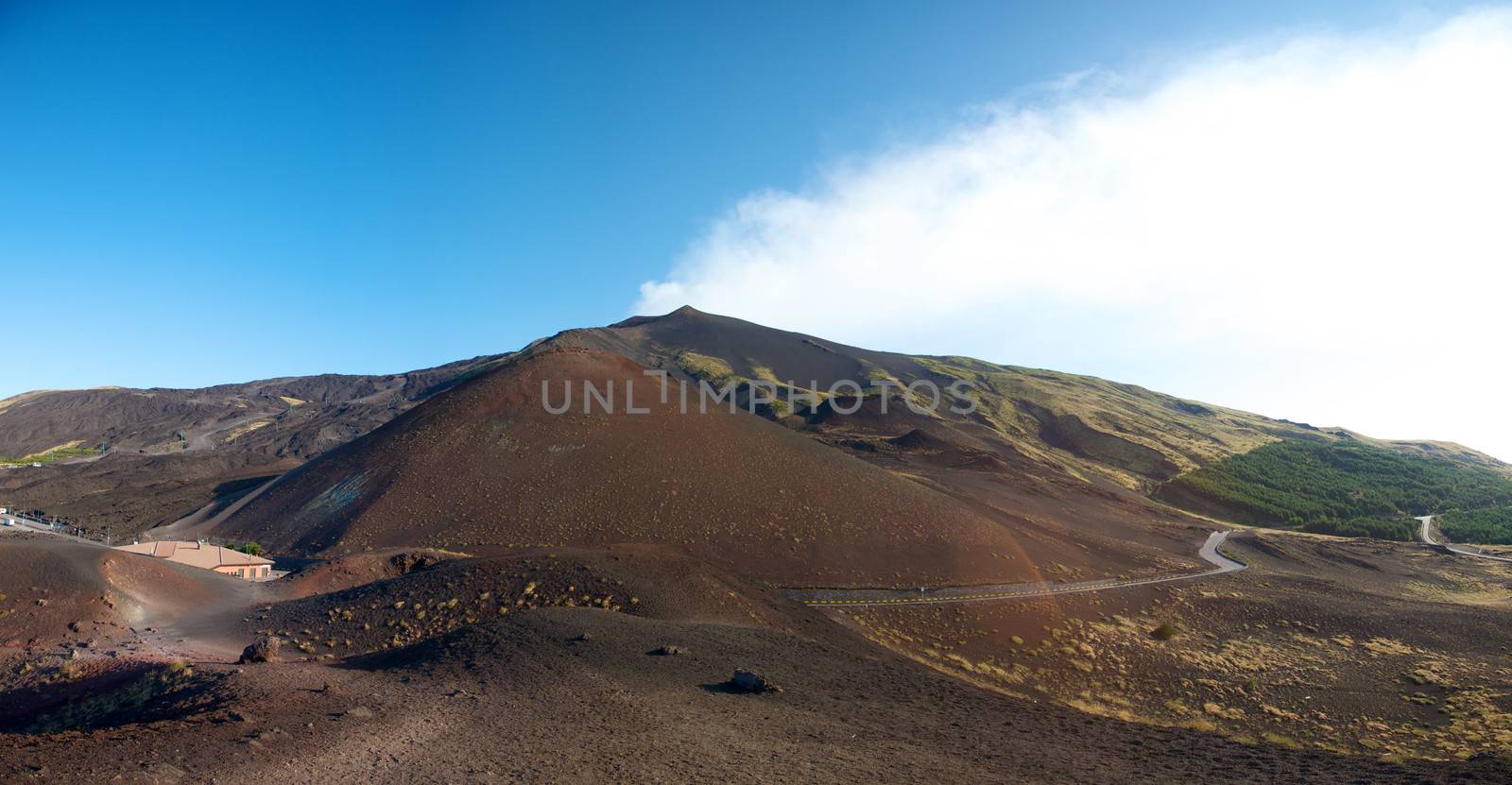 Panoramic view of the Etna early in the morning with a blue sky