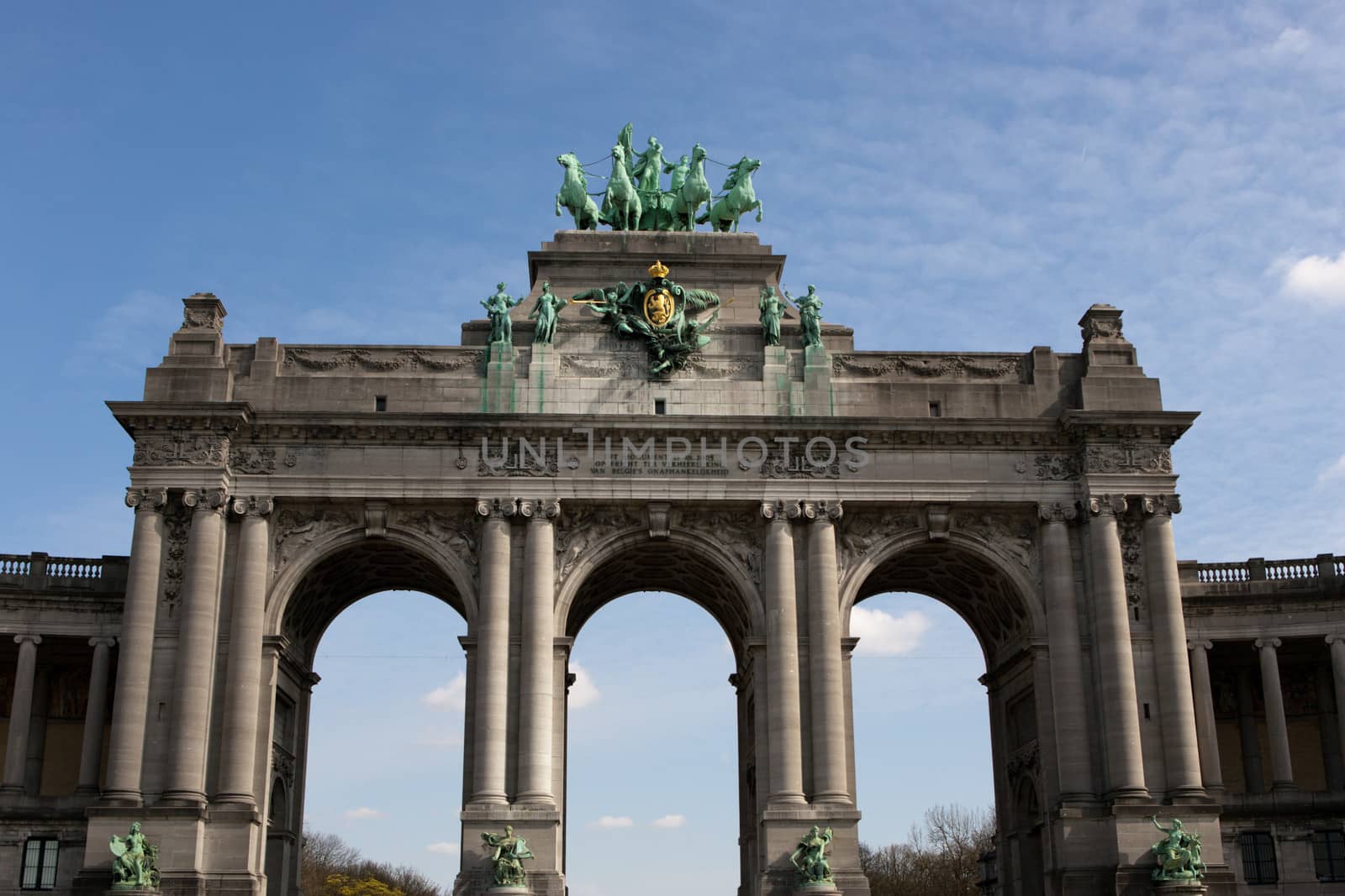 The Triumphal Arch (Arc de Triomphe) in the Cinquantenaire park in Brussels. Built in 1880 for the 50th anniversary of Belgium.