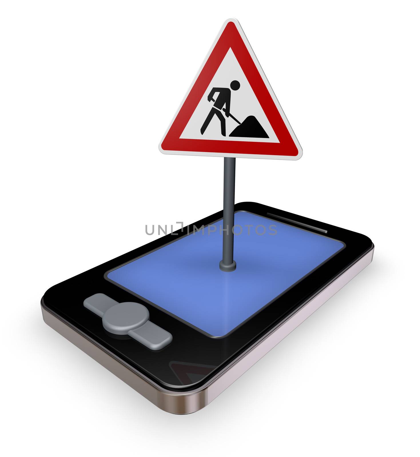 smartphone with road sign men at work on white background - 3d illustration