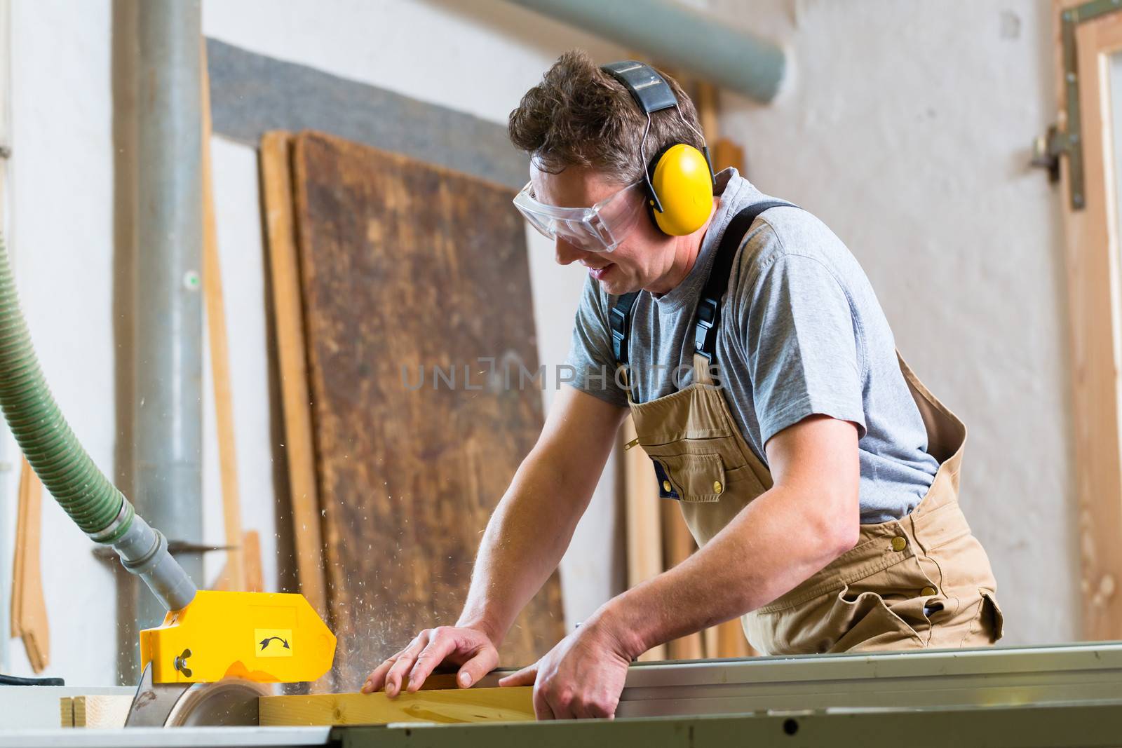 Carpenter working on an electric buzz saw cutting some boards, he is wearing safety glasses and hearing protection for safe workplace