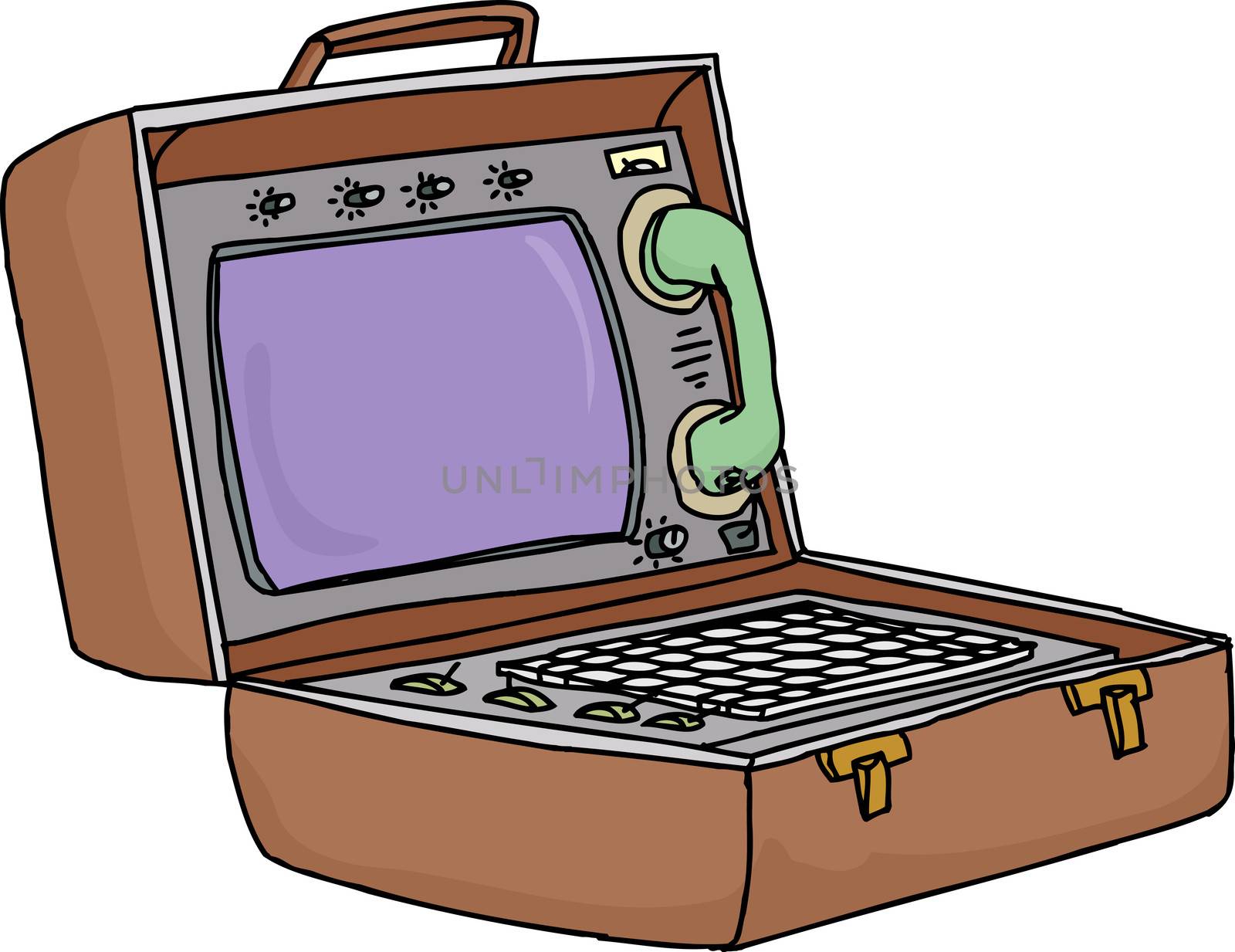 Vintage briefcase computer with phone on white background