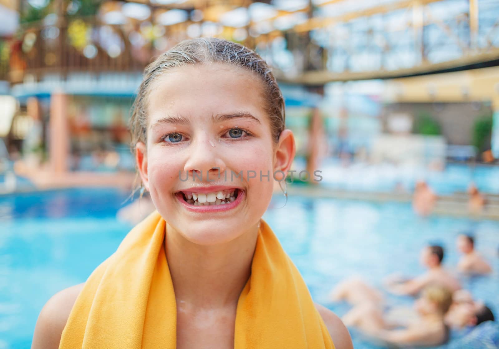 Activities on the pool. Cute girl in swimming pool