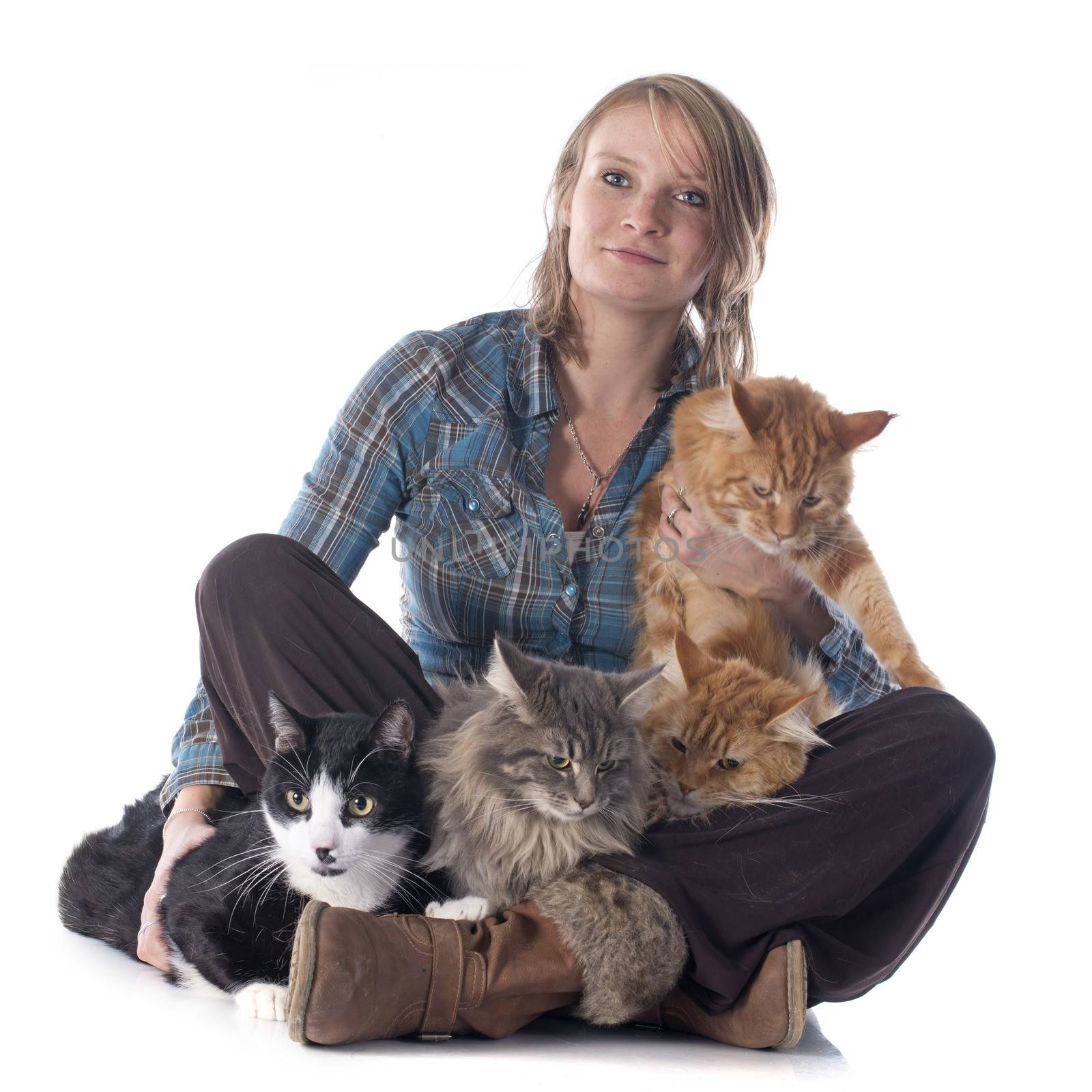 woman and cats in front of white background