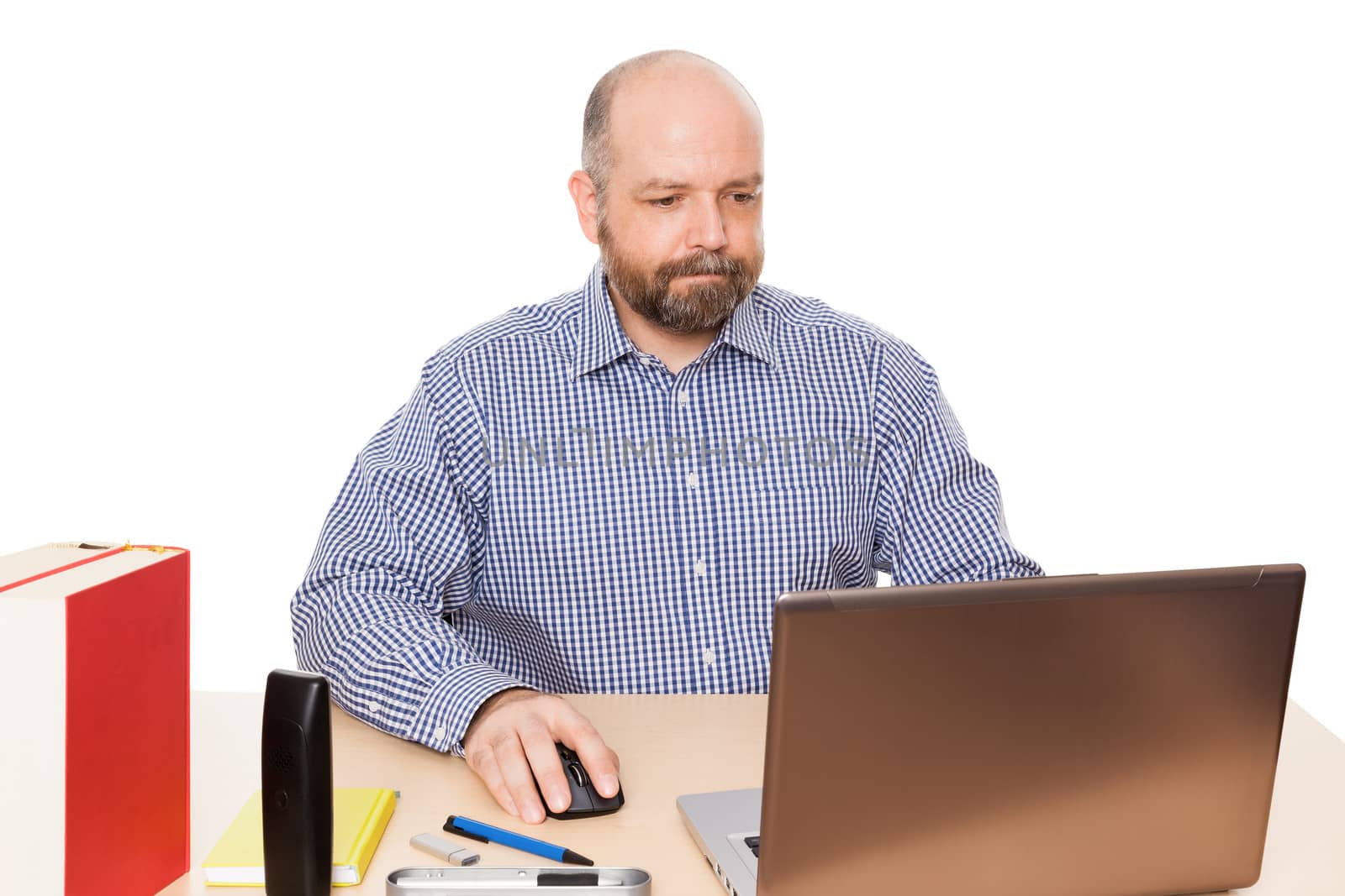 A handsome man with a beard in his office isolated on white background