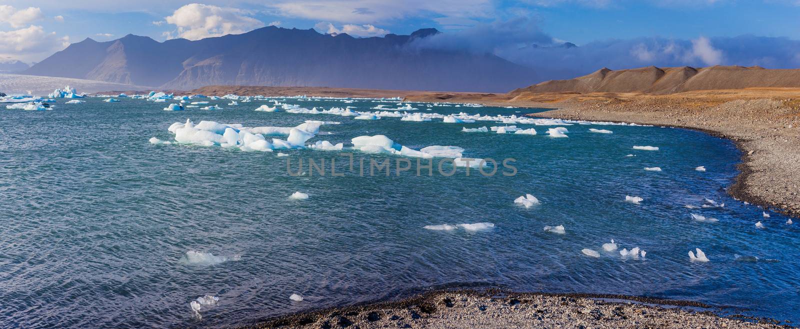 Jokulsarlon Glacier lagoon in Vatnajokull National Park, Iceland. Panorama