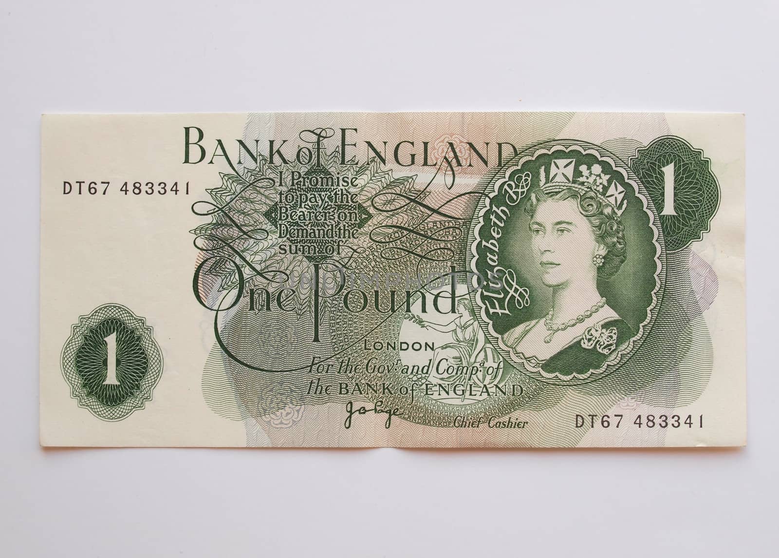 UK, CIRCA 1970: one Sterling Pound (GBP) note bearing the portrait of Queen Elizabeth II