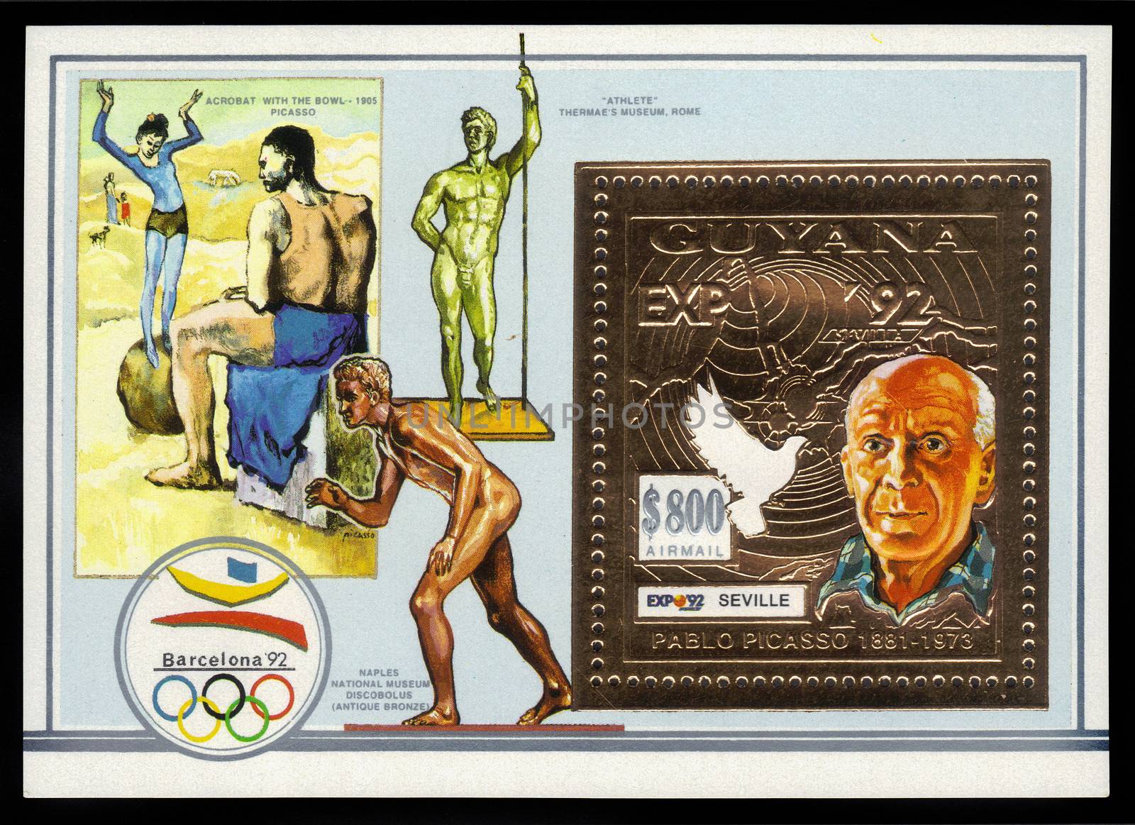 GUAYANA - CIRCA 1992: A stamp printed in Guyana shows portrait of Pablo Picasso on the background of world-famous works of art, in honor of the Olympic Games in Barcelona, circa 1992