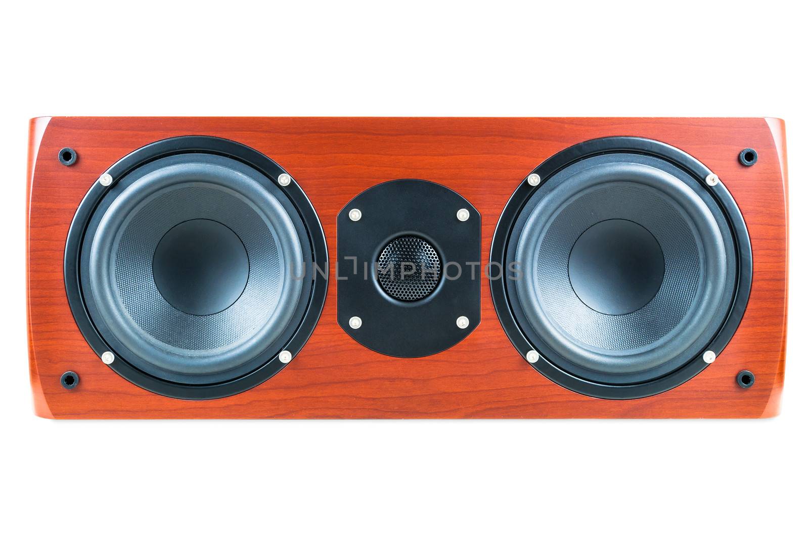 Dark cherry center loudspeaker isolated over white background.