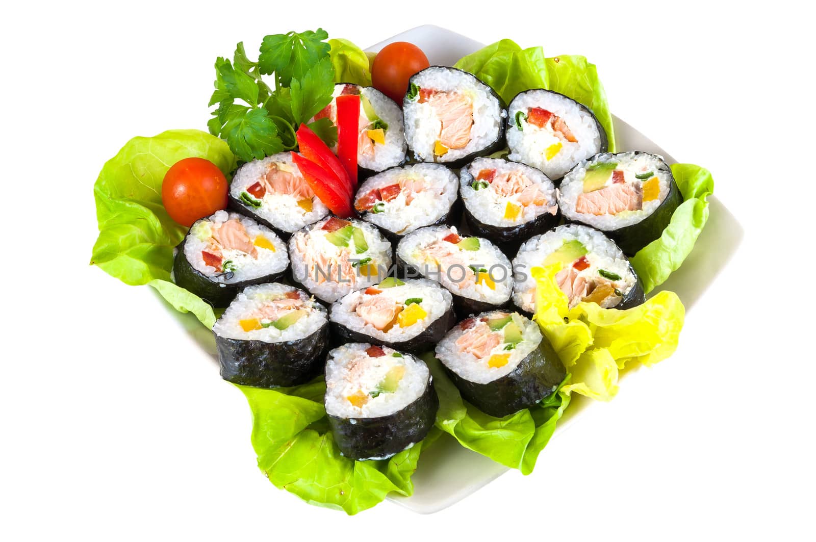 Decorated plate of sushi isolated on white background with clipping path