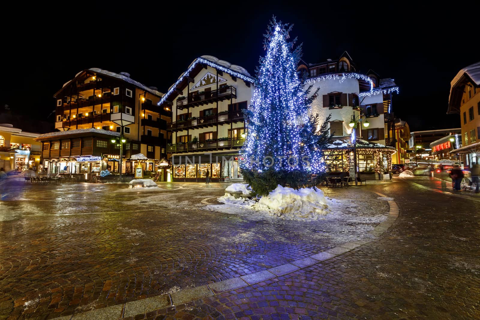 Illuminated Central Square of Madonna di Campiglio in the Evening, Italian Alps, Italy