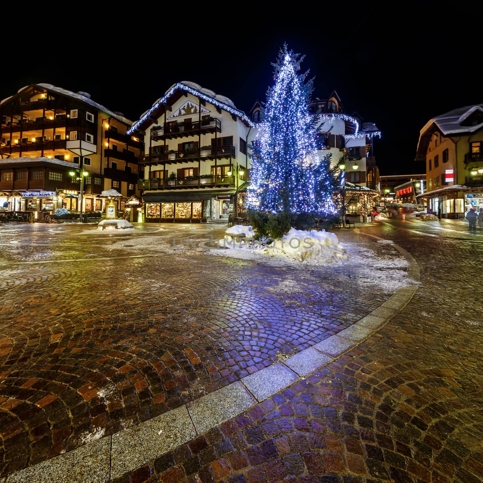 Illuminated Central Square of Madonna di Campiglio in the Evening, Italian Alps, Italy