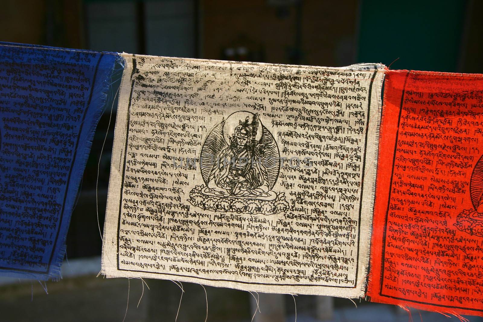 Close up of Buddhist prayer flags hanging on a rope