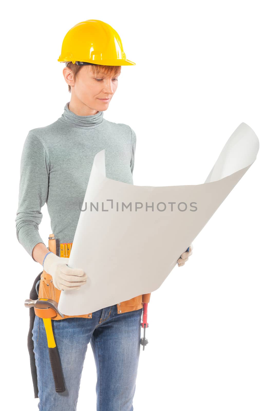 female construction worker holding and see blue print