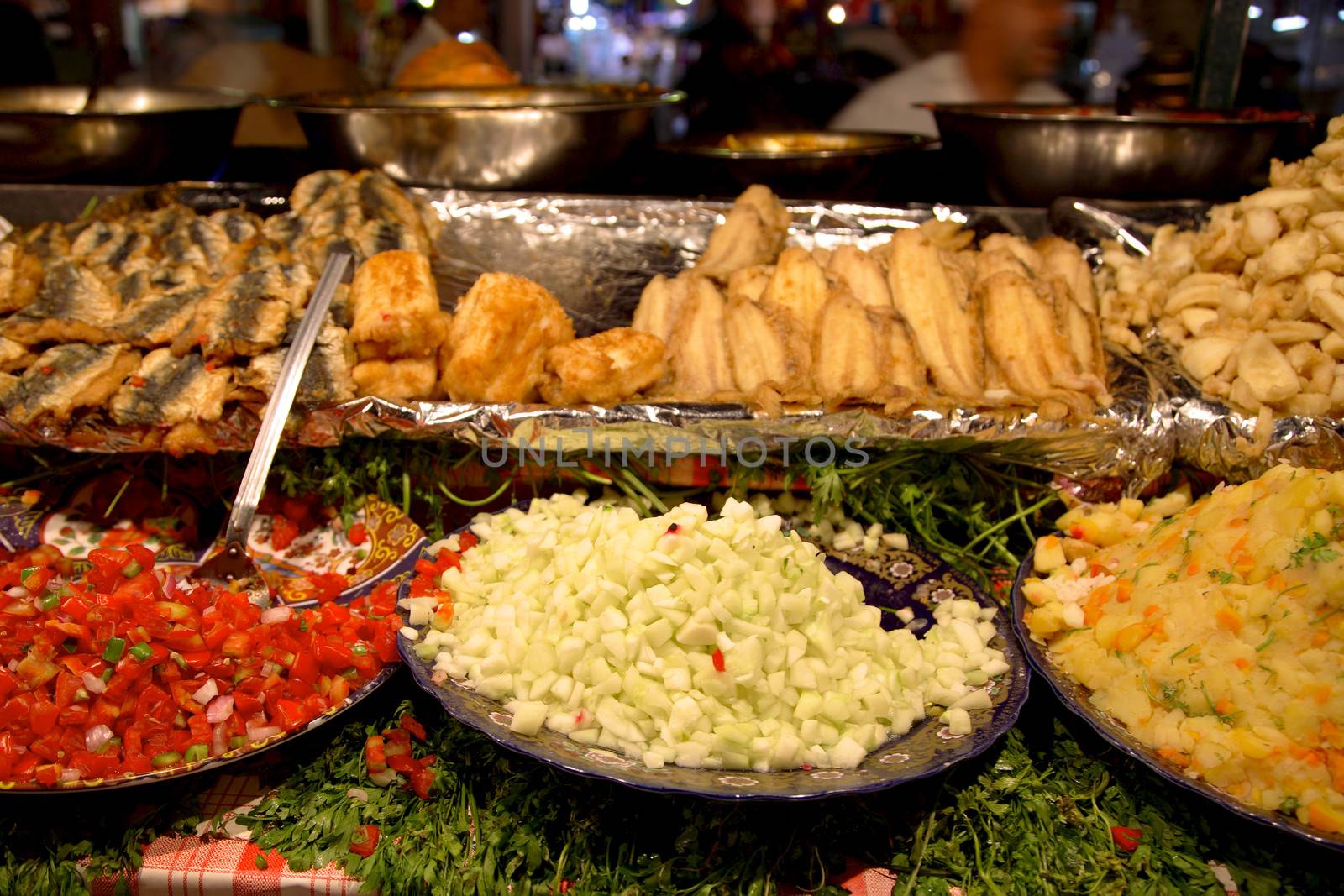 Food Stalls with fish and vegetables in Djemaa el Fna, Marrakesh, Morocco