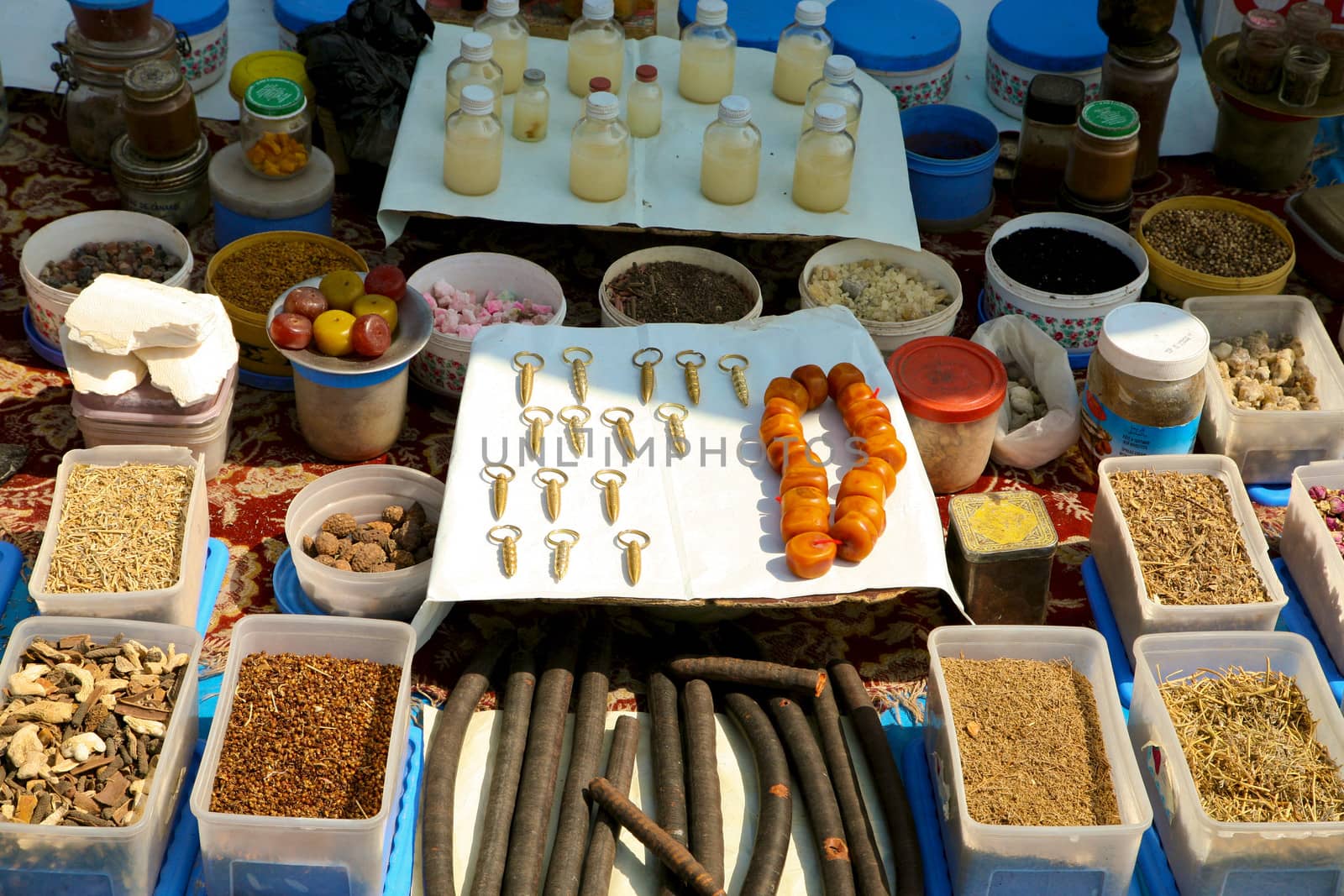 Food Stalls with medicinal plants, herbs, and roots in Djemaa el Fna, Marrakesh, Morocco