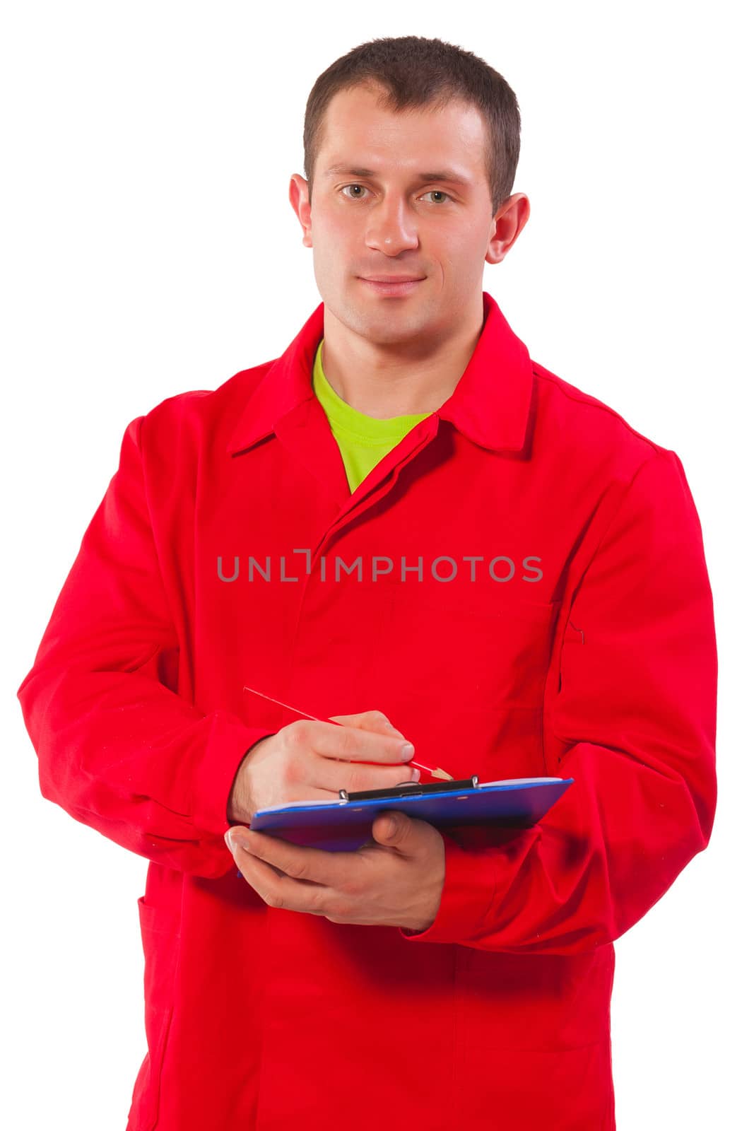 portrait of contractor with clipboard isolated on white background