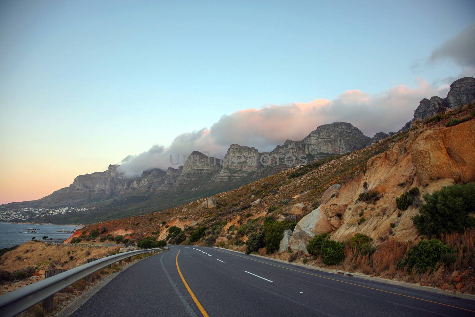 Beautiful view of Table Mountain in Cape Town from the road.