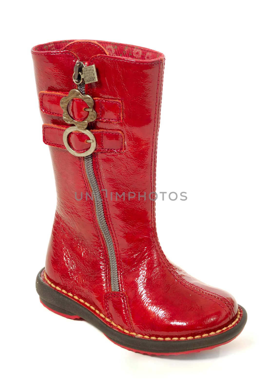 A red boot. Taken on a white background.