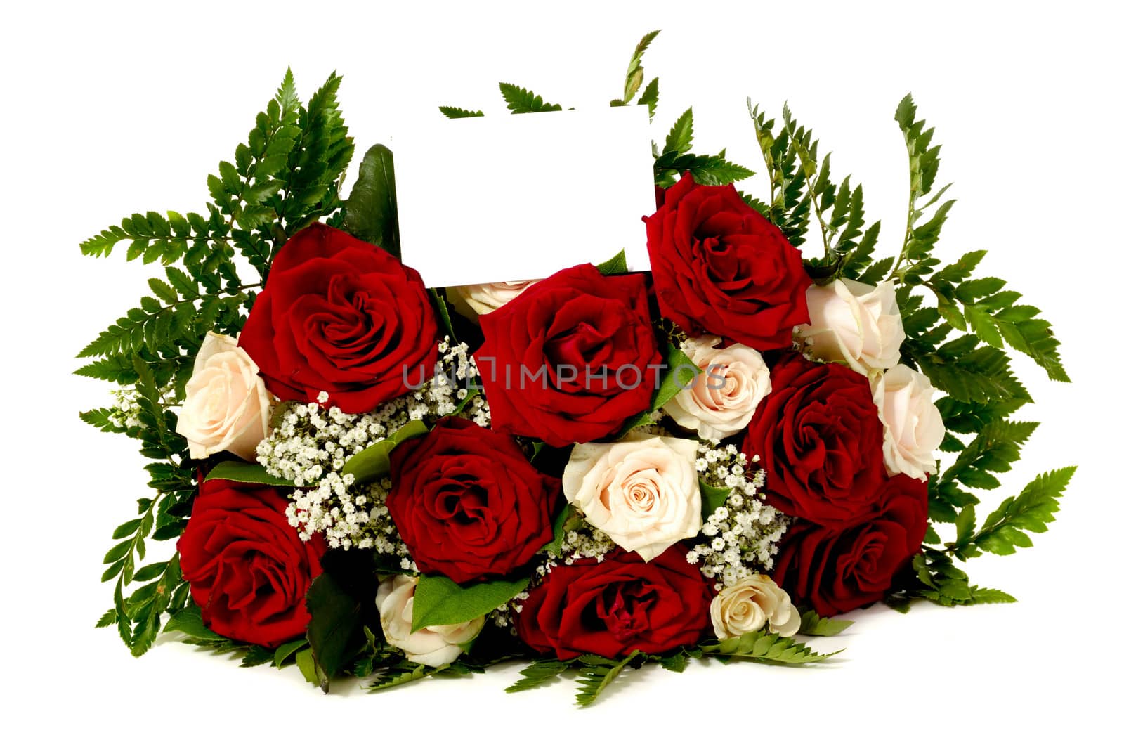 Bouquet of rose flowers with a blank gift card, isolated on white background. Write your own tekst.