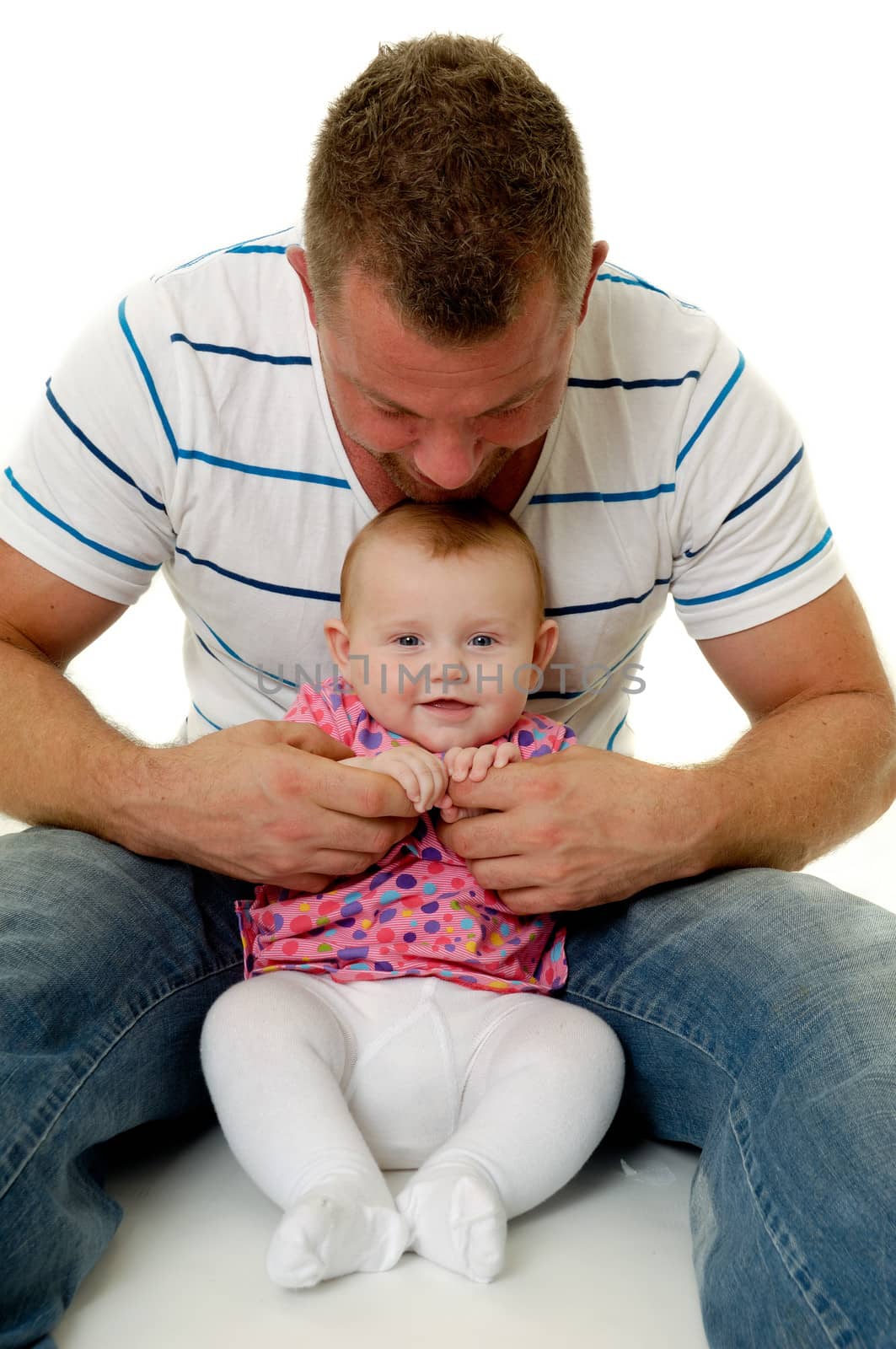 Happy and smiling baby and father. The baby 3 month old. Isolated on a white background.