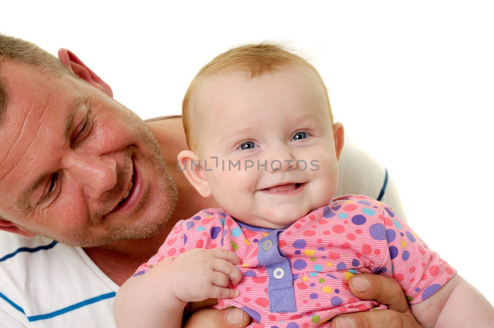 Happy and smiling baby and father. The baby 3 month old. Isolated on a white background.
