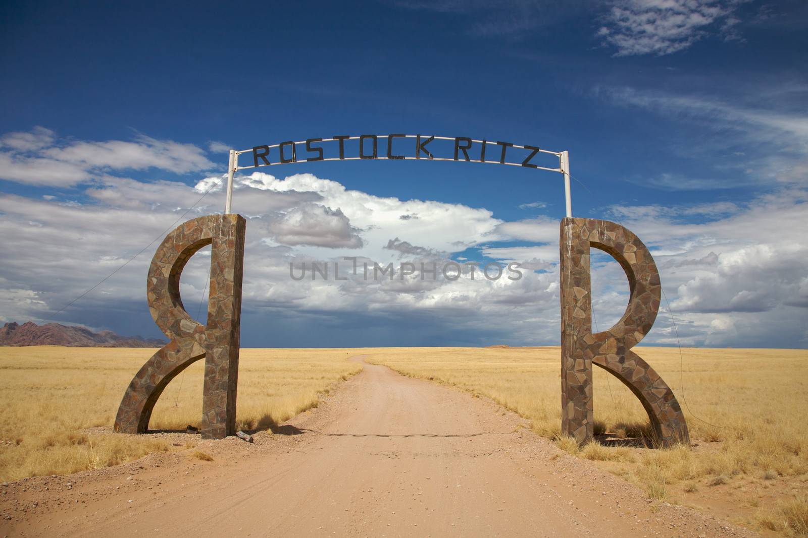 NAMIBIA, KEETMANSCHOP, JANUARY 14: entrance to the Rostock Ritz Lodge on the way back from Sossusvlei, January 14, 2010, Namibia