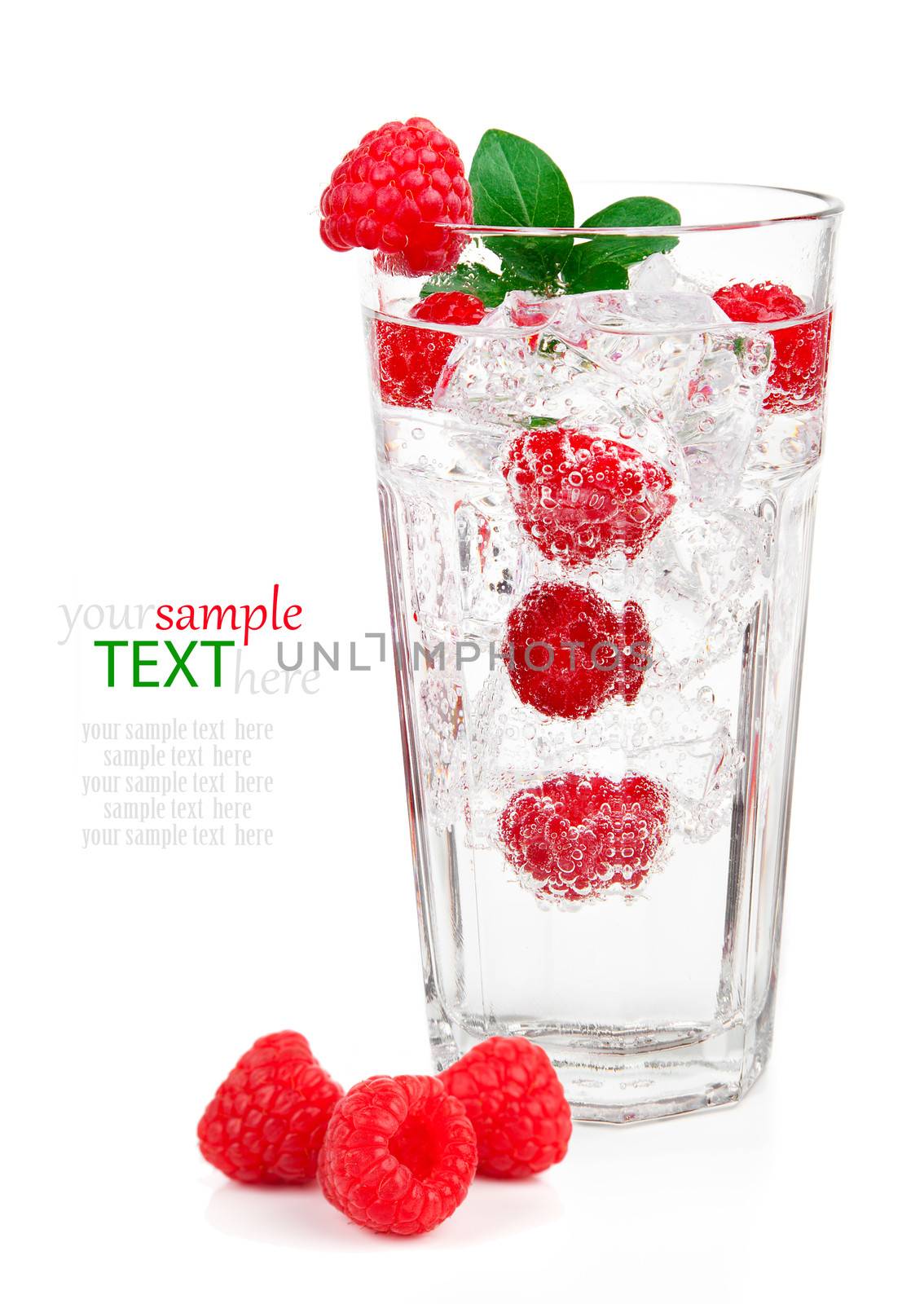 fresh cold drink water ice cubes raspberry, isolated on white ba by motorolka