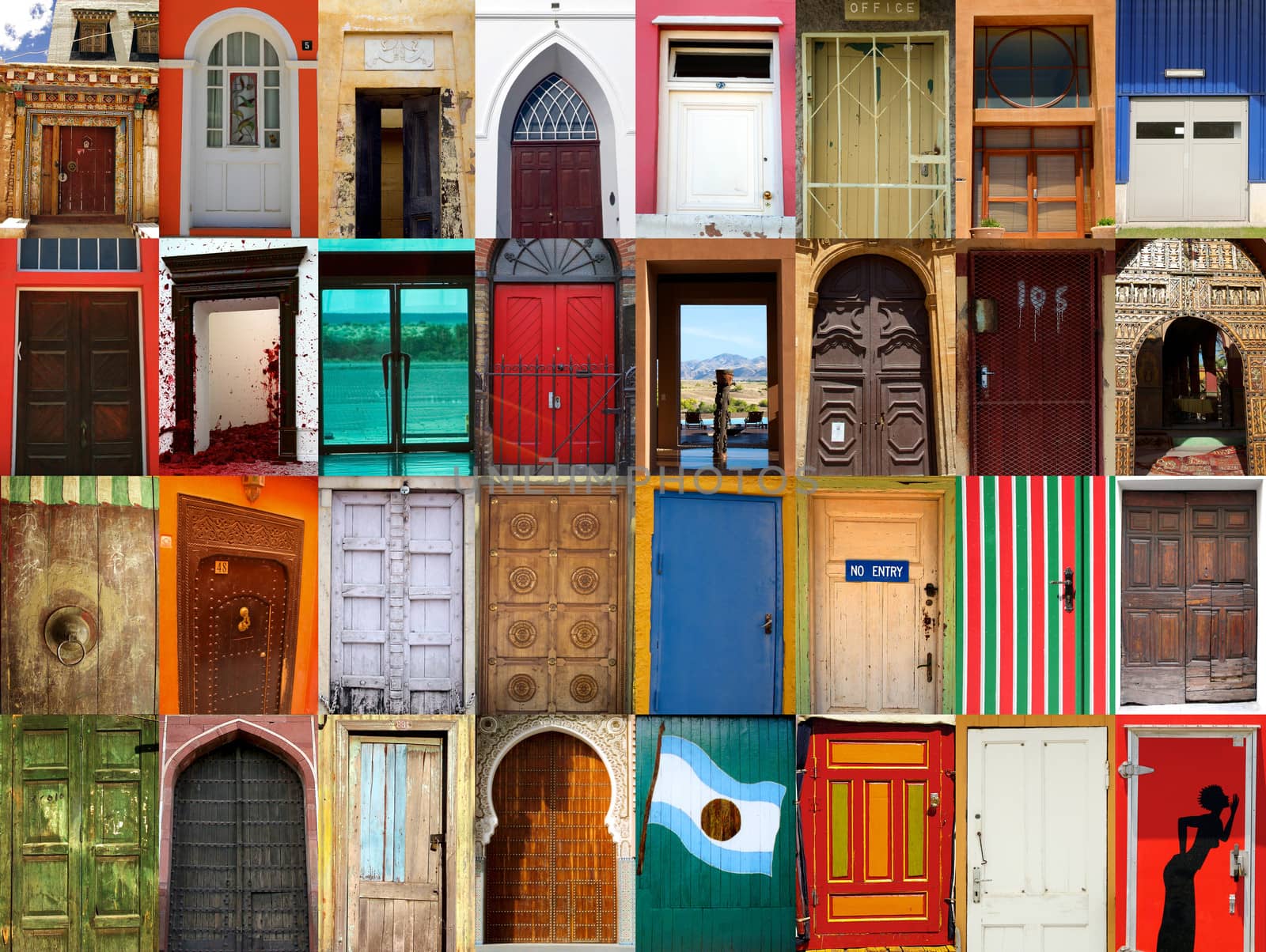 High-definition composition of 32 street doors in various locations of the world