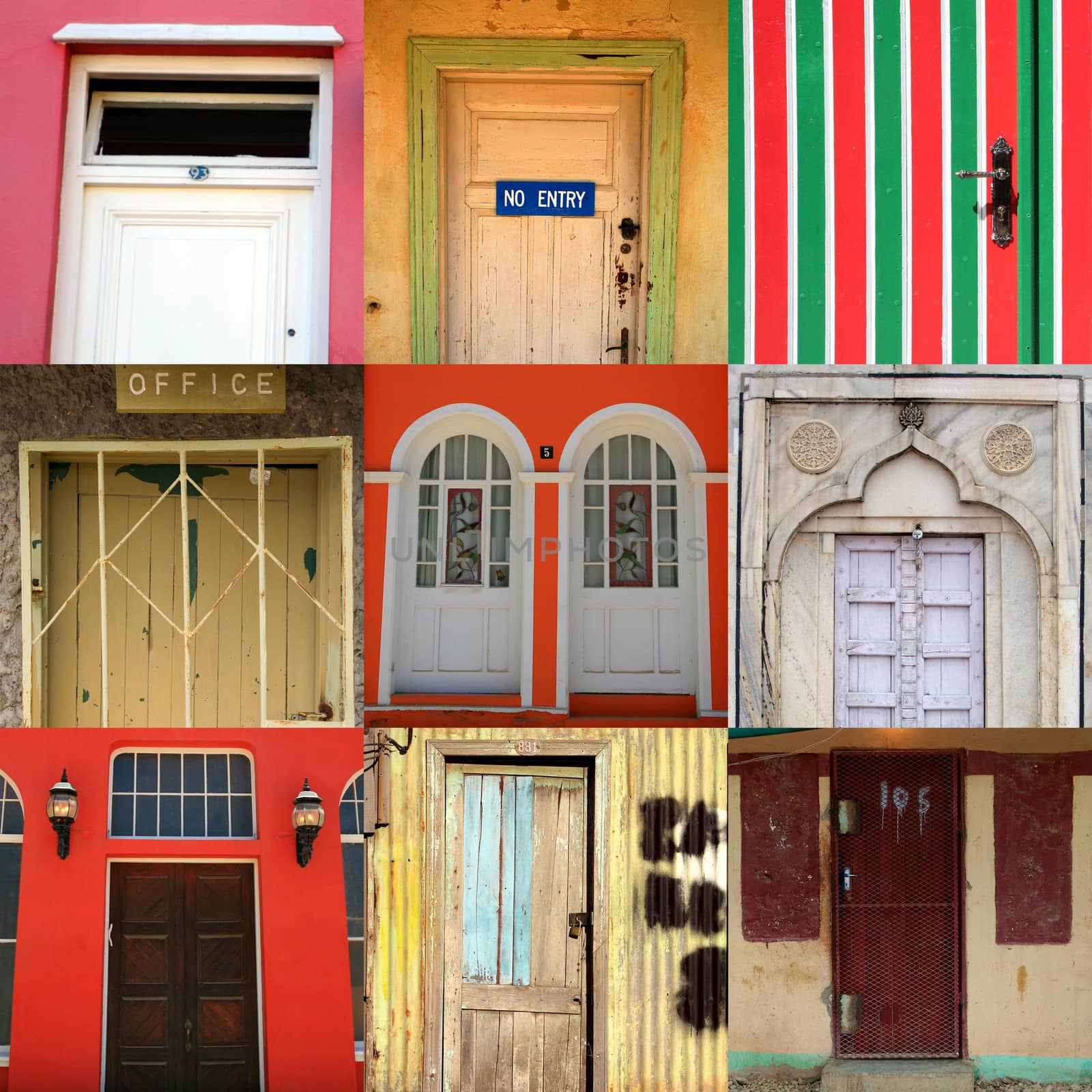 High-definition composition of 9 street doors in various locations of the world