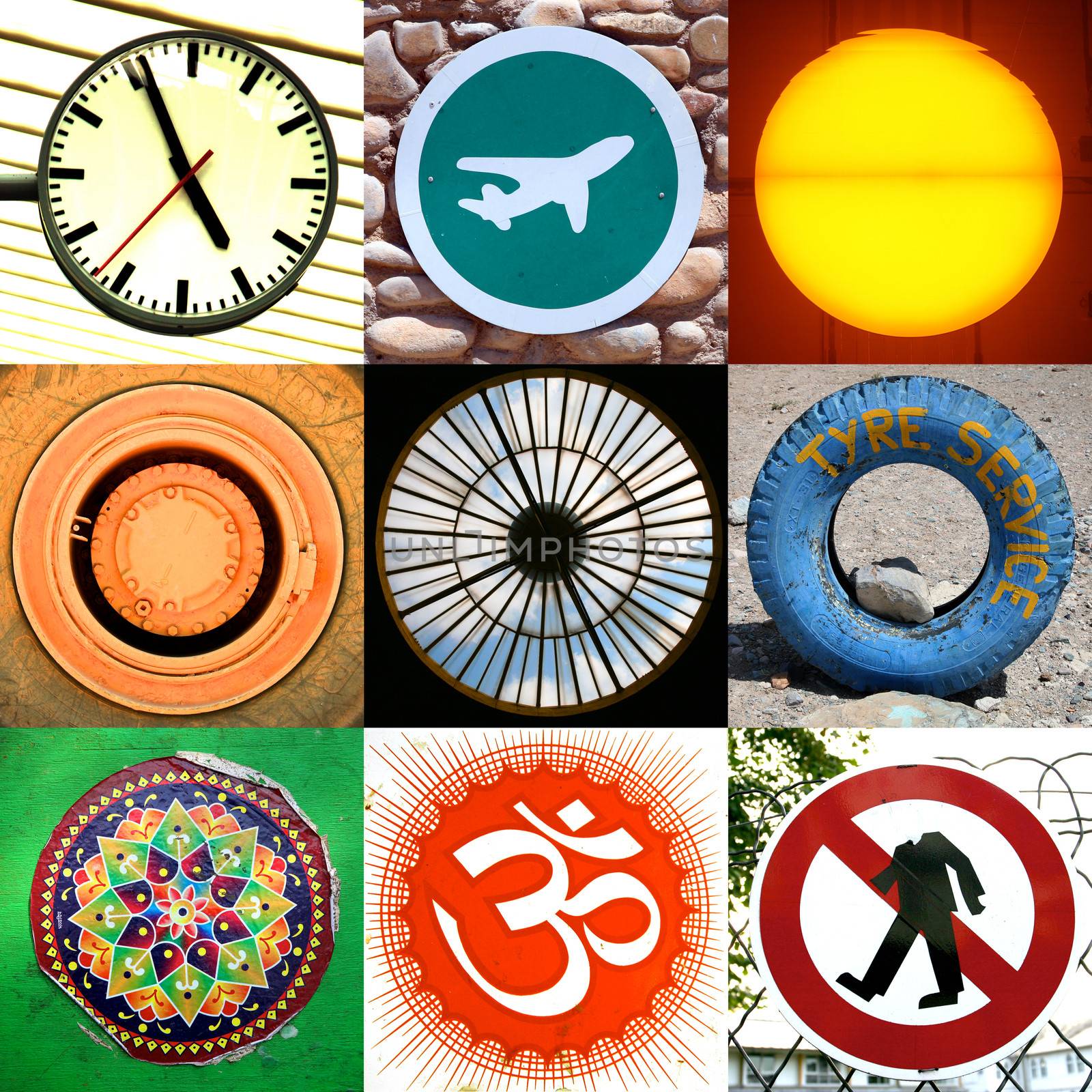 Composition of 9 images in a square format including close-up of circles