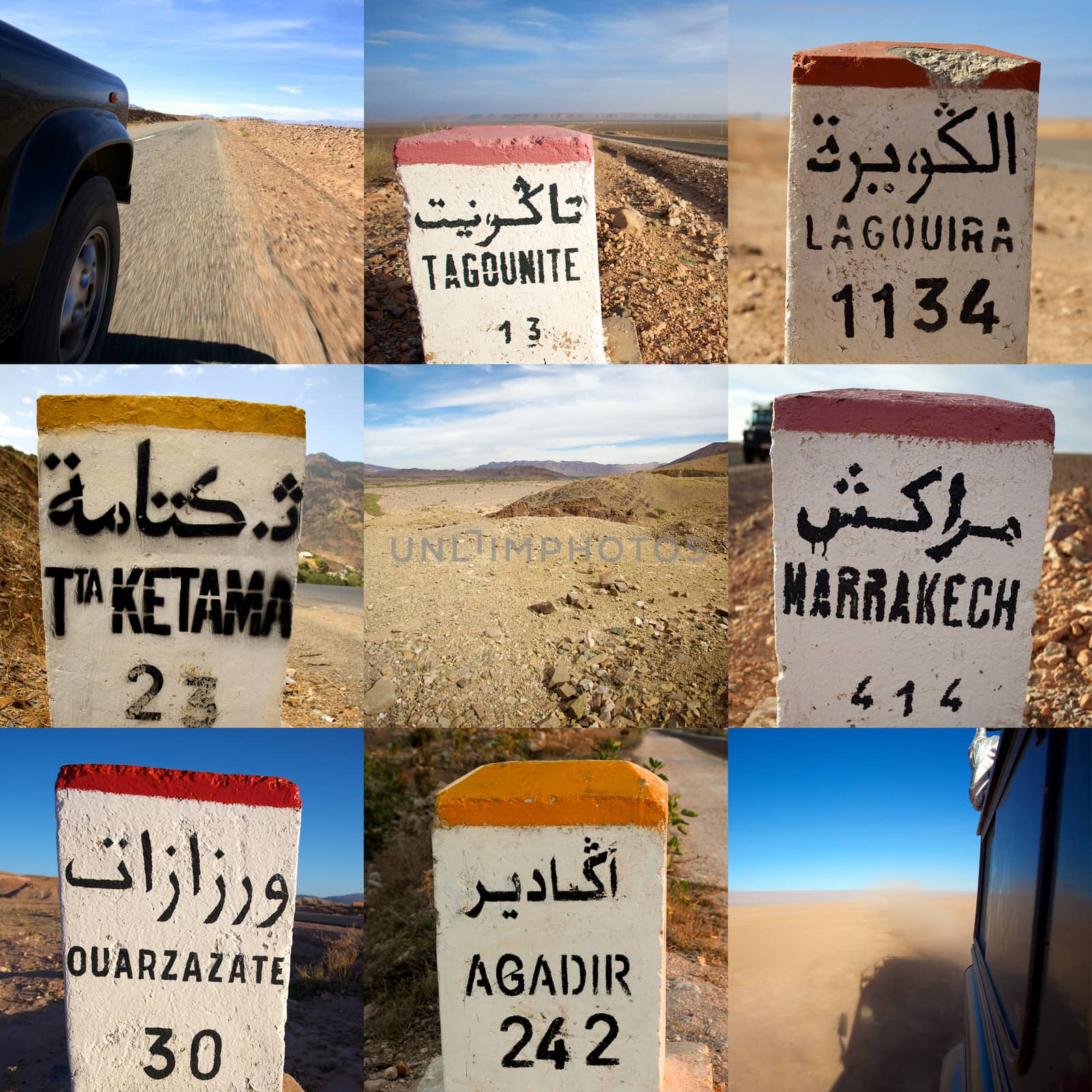 Composition of 9 images in a square format including close-up of signs road in Morocco
