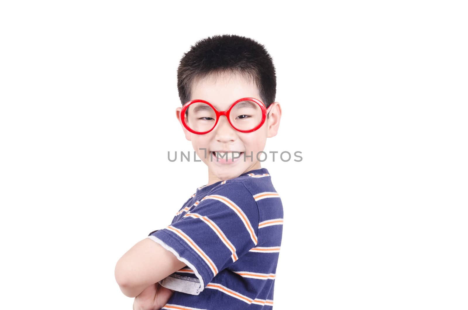 Smart boy crossed his arm on white background