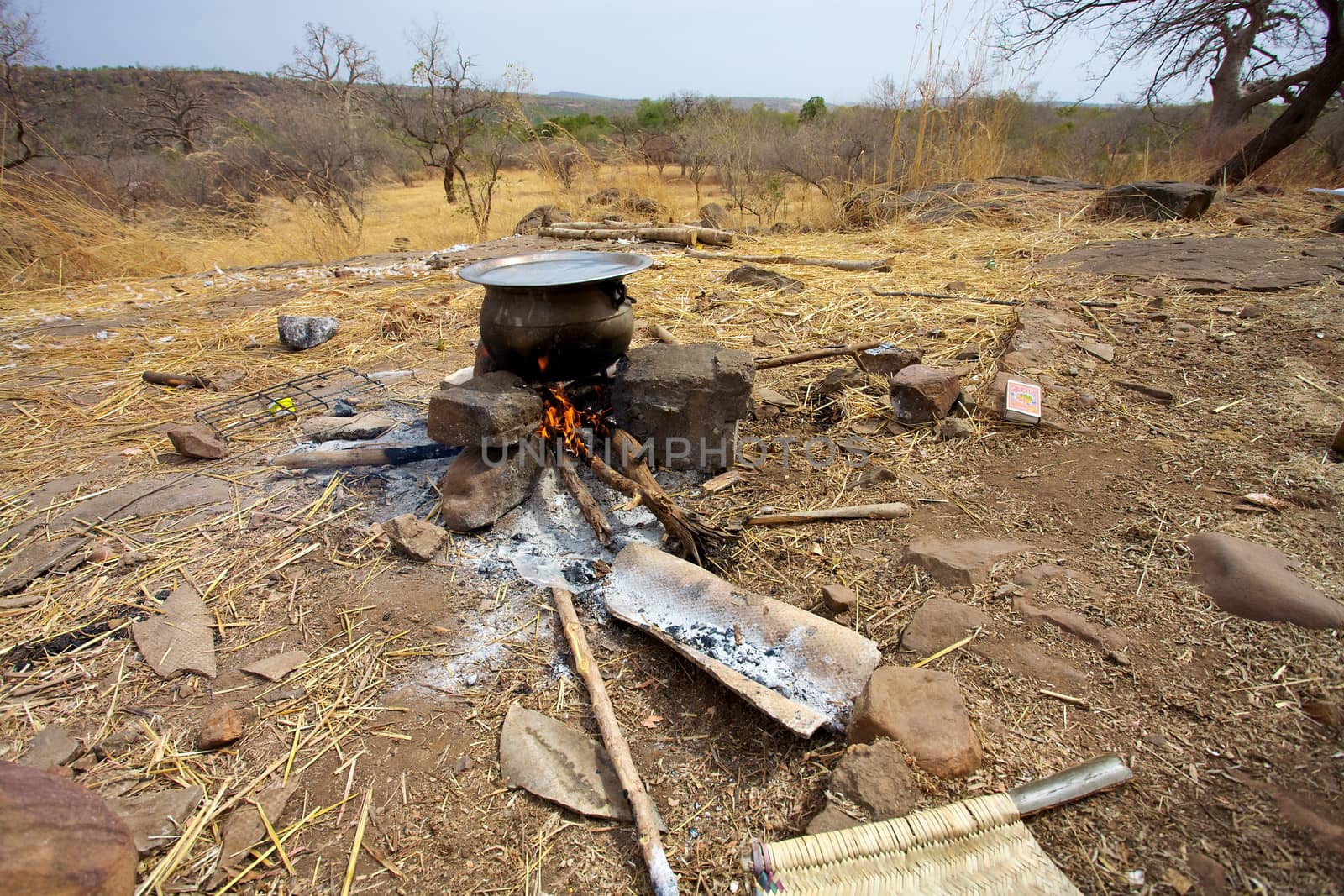 Cooking pot hanging above campsite in Mali near Kayes