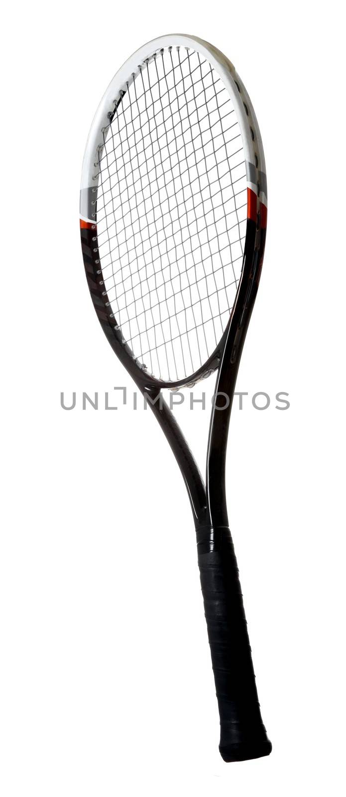 Modern graphite tennis racket isolated on white background