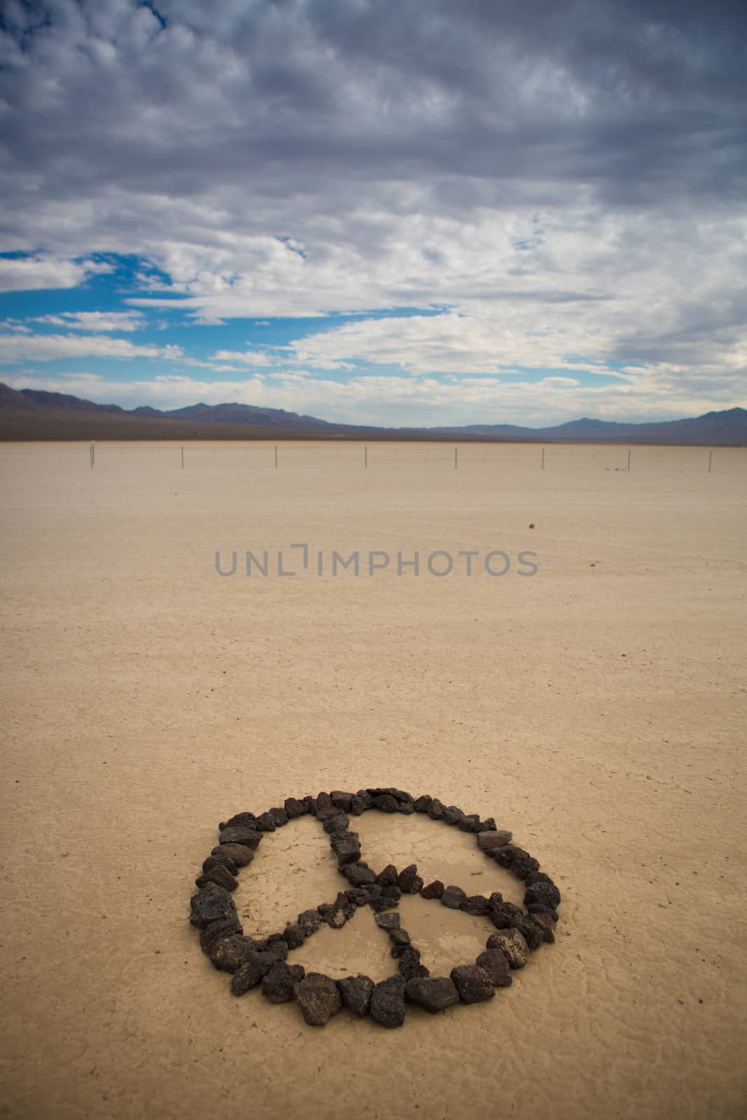 Peace shape made with stones in the desert of Nevada - retro style