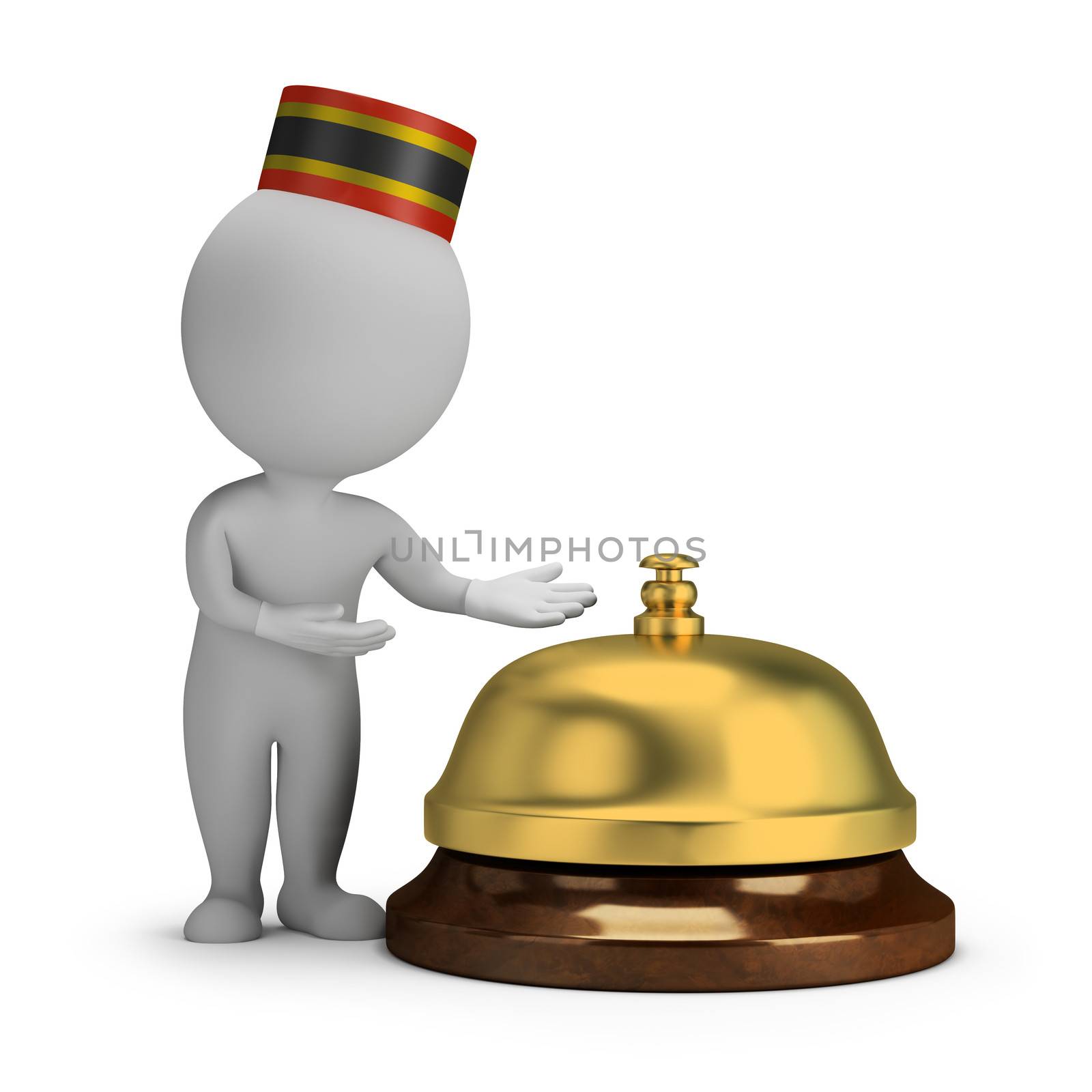 3d small person - bellboy and service bell. 3d image. White background.