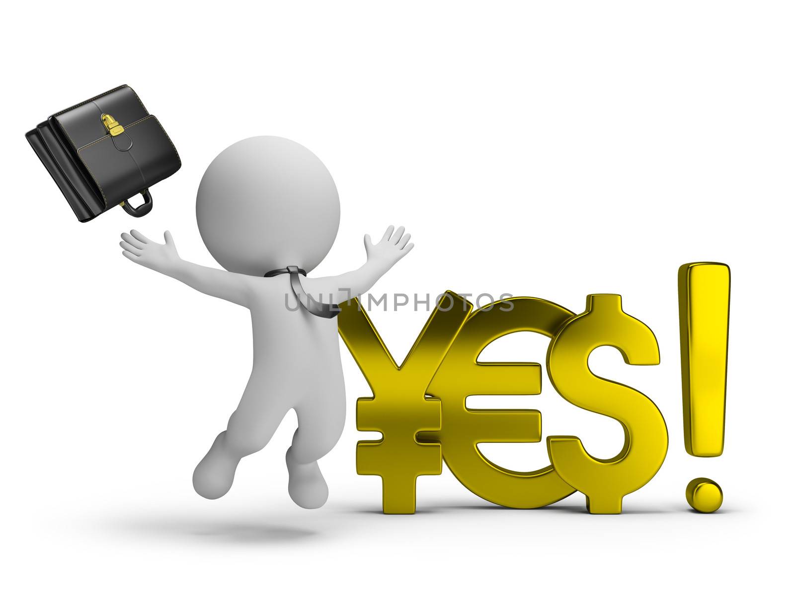 3d small person - businessman jumping for joy beside of world currencies "yes". 3d image. White background.