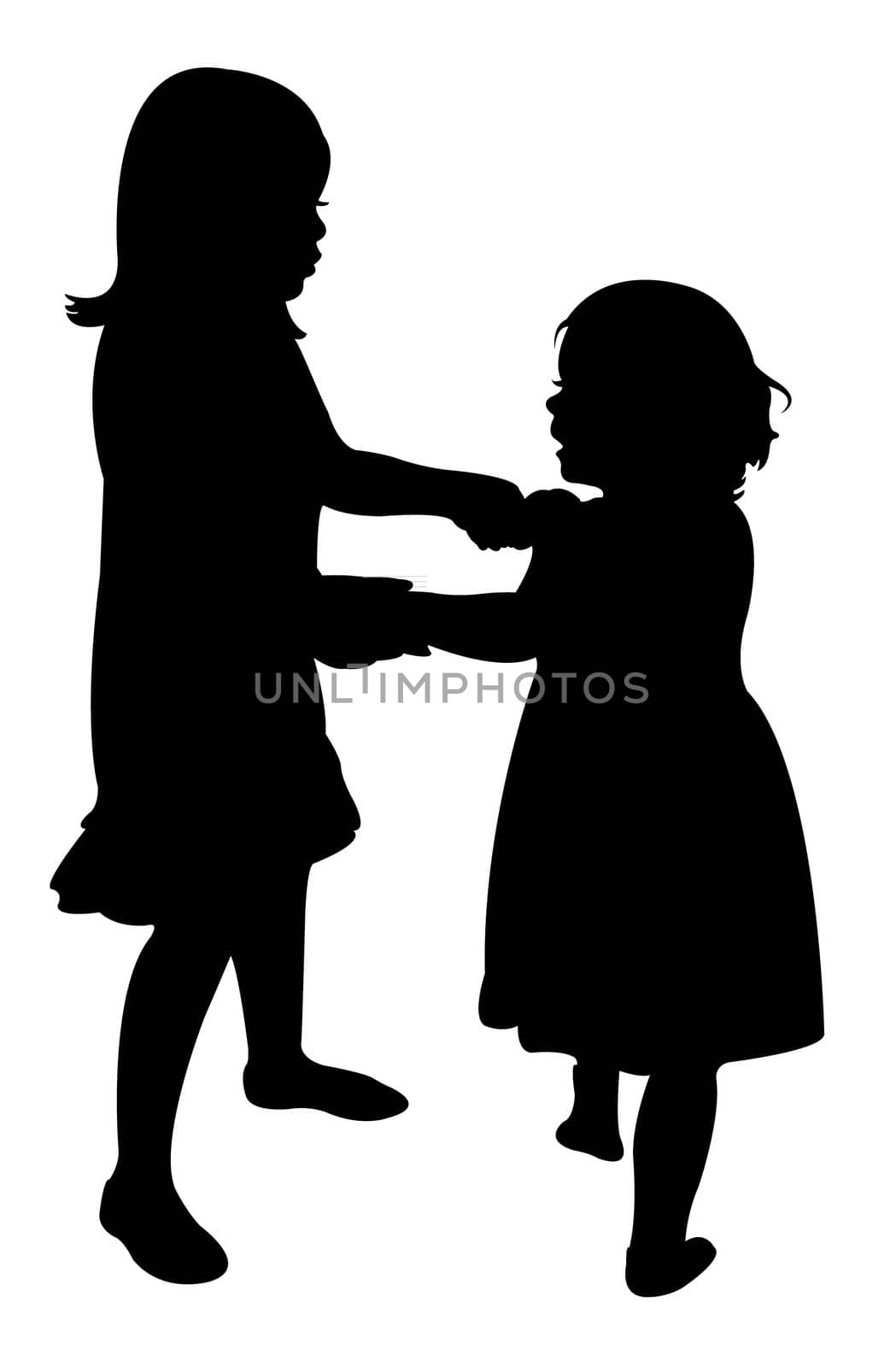 happy sisters playing, silhouette vector