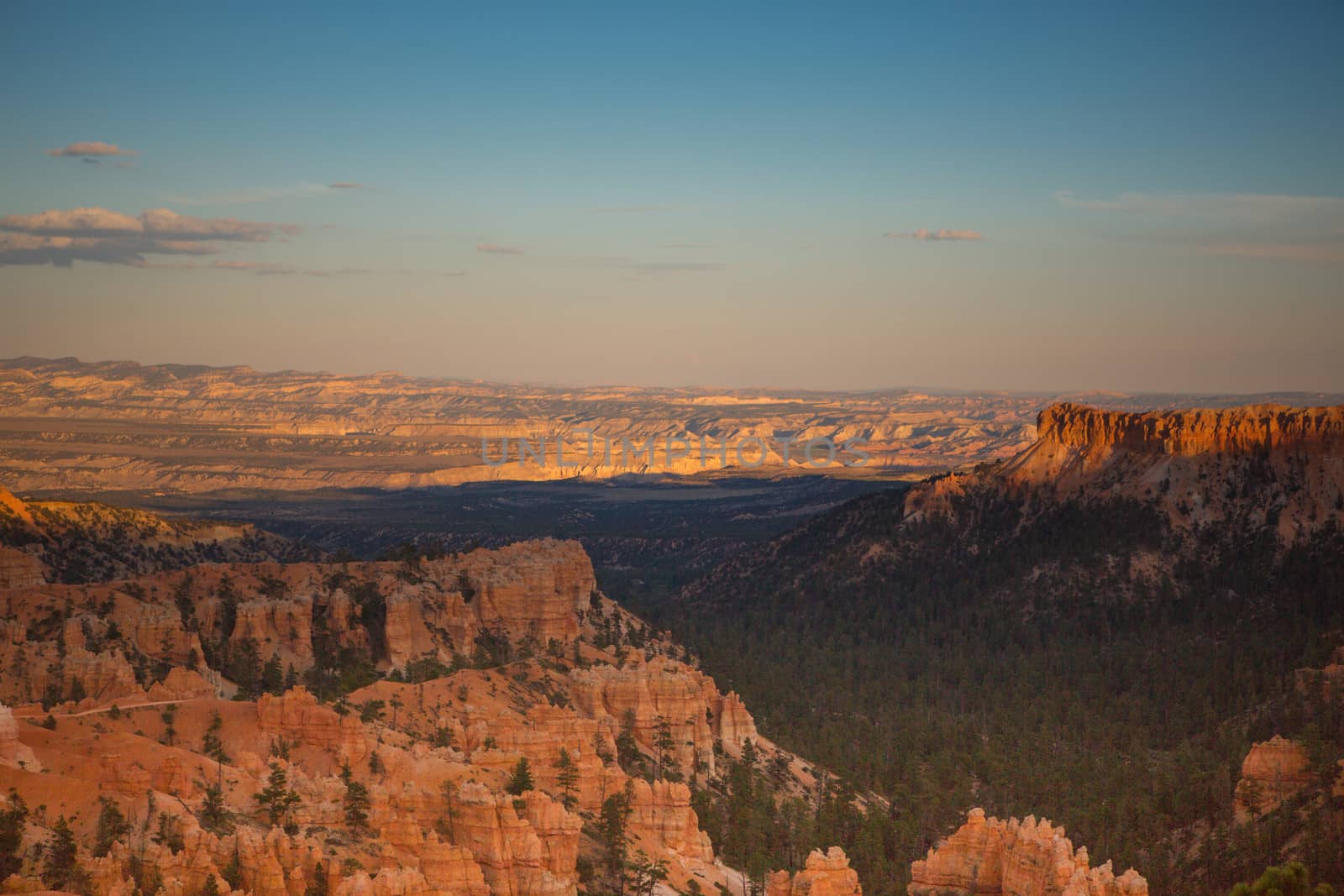 Panoramic view to one of the amphitheatres of Bryce Canyon late afternoon