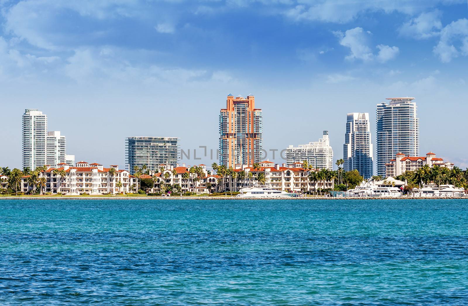 Miami south beach, view from port entry channel, Floride, USA. 