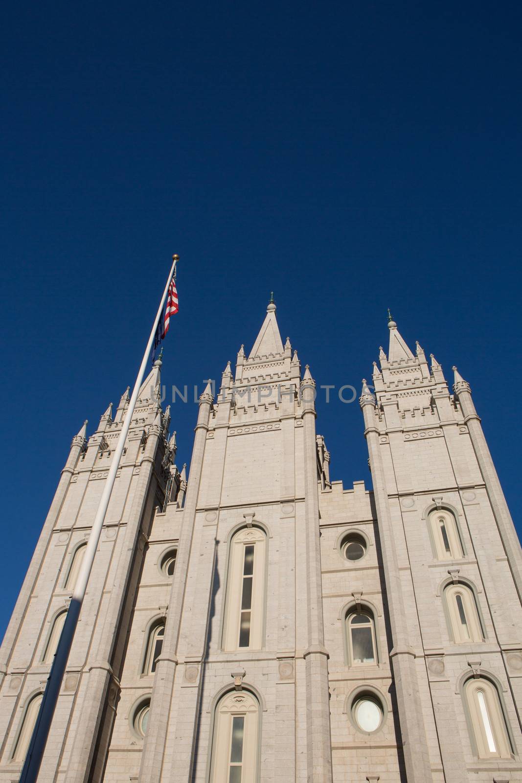 Mormon Church in Salt Lake city with a clear blue sky in the background, United States 2012.